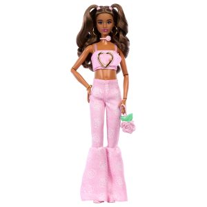 Barbie Deluxe Style Fashion Doll #12 in Pink Denim Crop Top And Flare Jeans. Brunette
