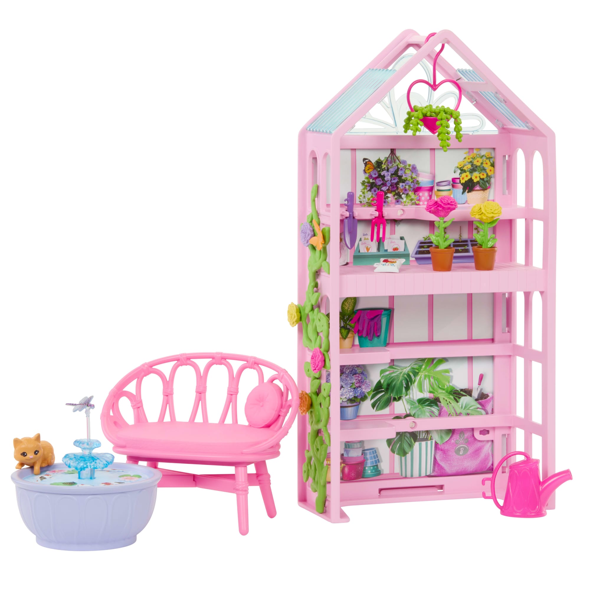 Barbie World Backyard Garden Toy Playset & 17 Accessories. Includes Shelf. Fountain. Flowers & More