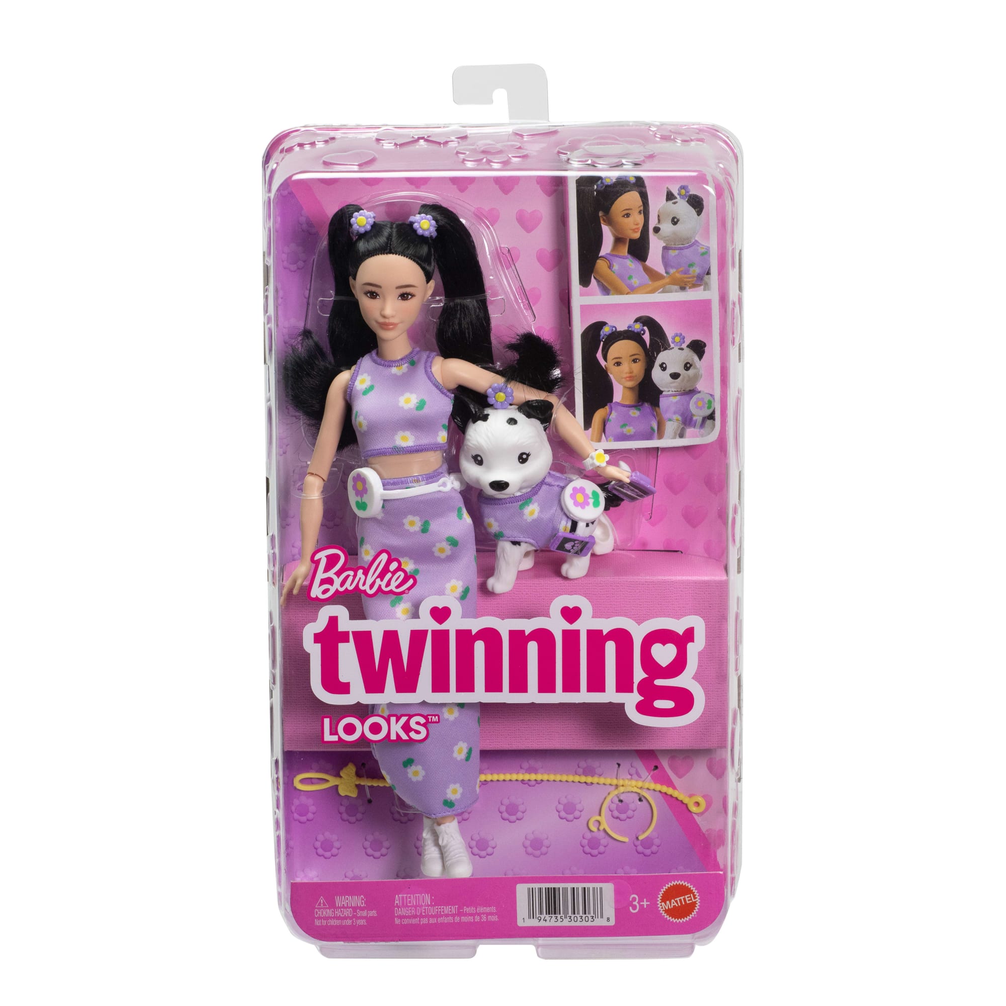 Barbie Twinning Looks Fashion Doll With Pet Dog. Matching Purple Clothes & Accessories. Black Hair - Image 6