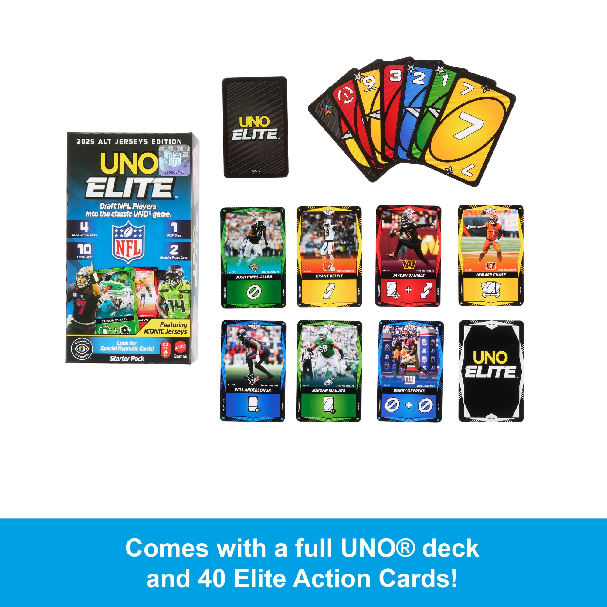 UNO Elite NFL Card Game 2025 Alt Jerseys Edition Starter Pack With 4 Booster Packs & 2 Promo Cards - Image 3