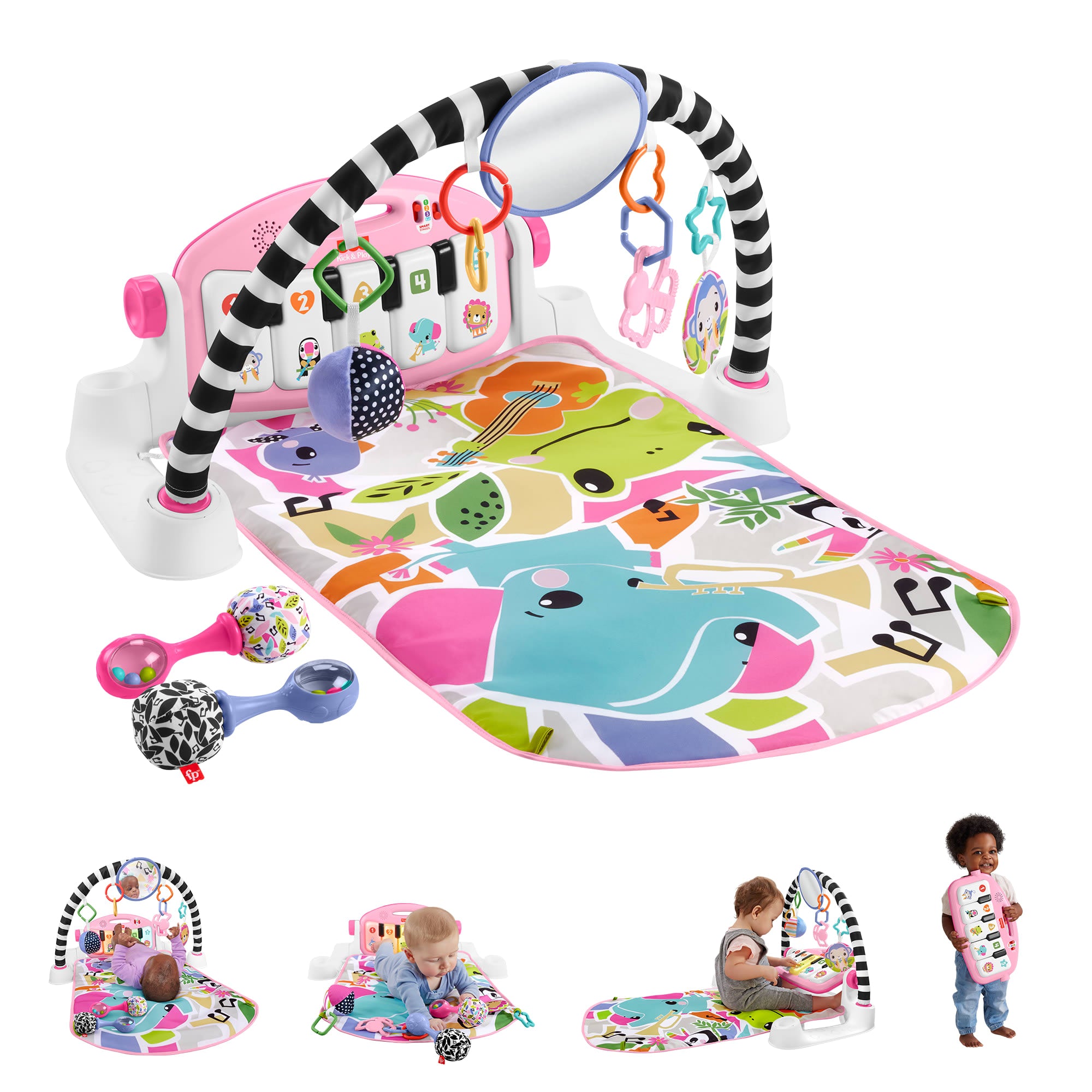 Fisher-Price Glow And Grow Kick & Play Piano Gym Baby Learning Toy With 2 Maracas. Pink