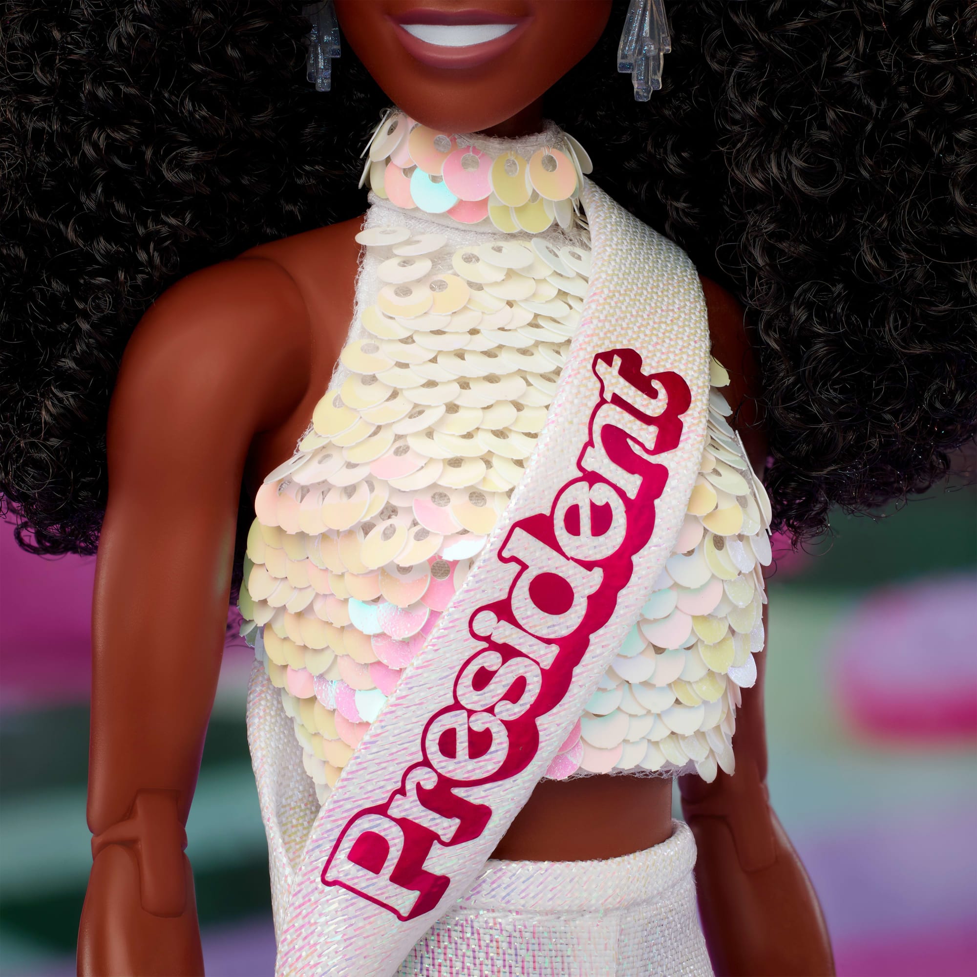 Barbie The Movie President Collectible Doll. Issa Rae As President Barbie Wearing Shimmery White Blouse & Short Set - Image 4