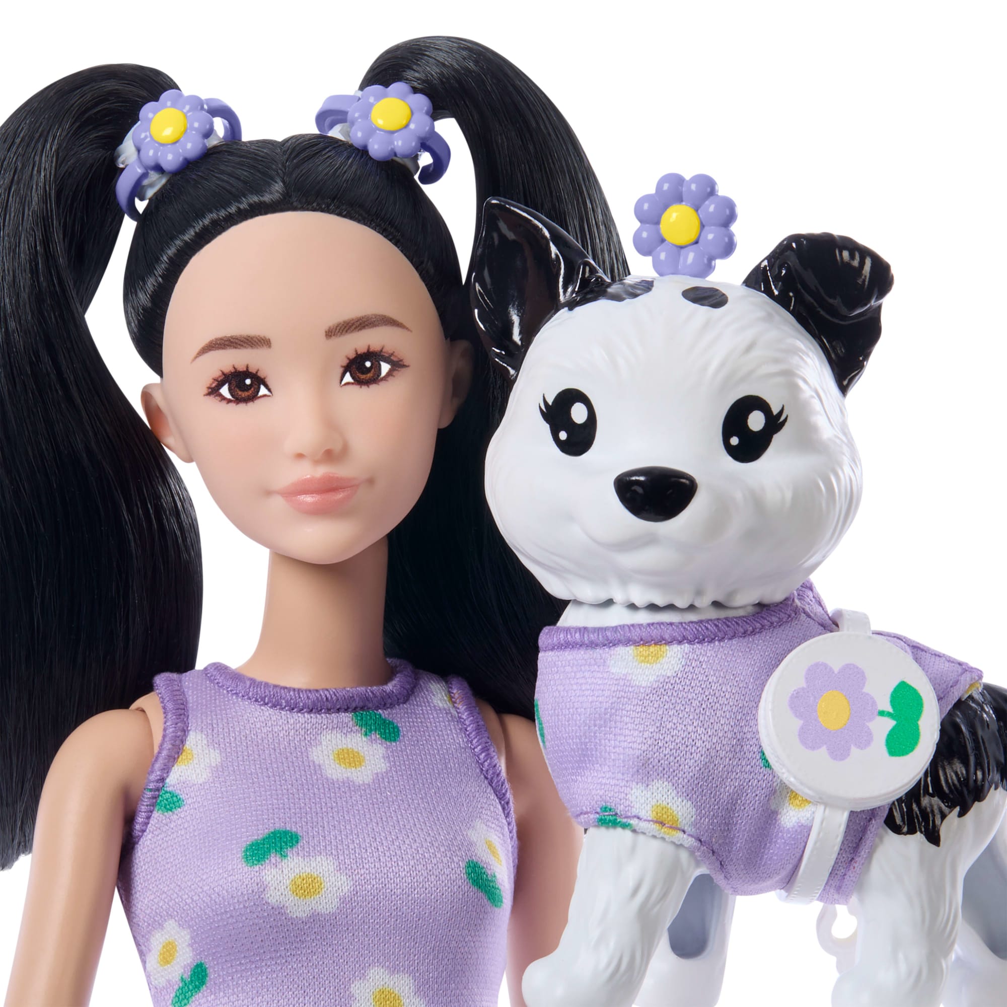 Barbie Twinning Looks Fashion Doll With Pet Dog. Matching Purple Clothes & Accessories. Black Hair - Image 3