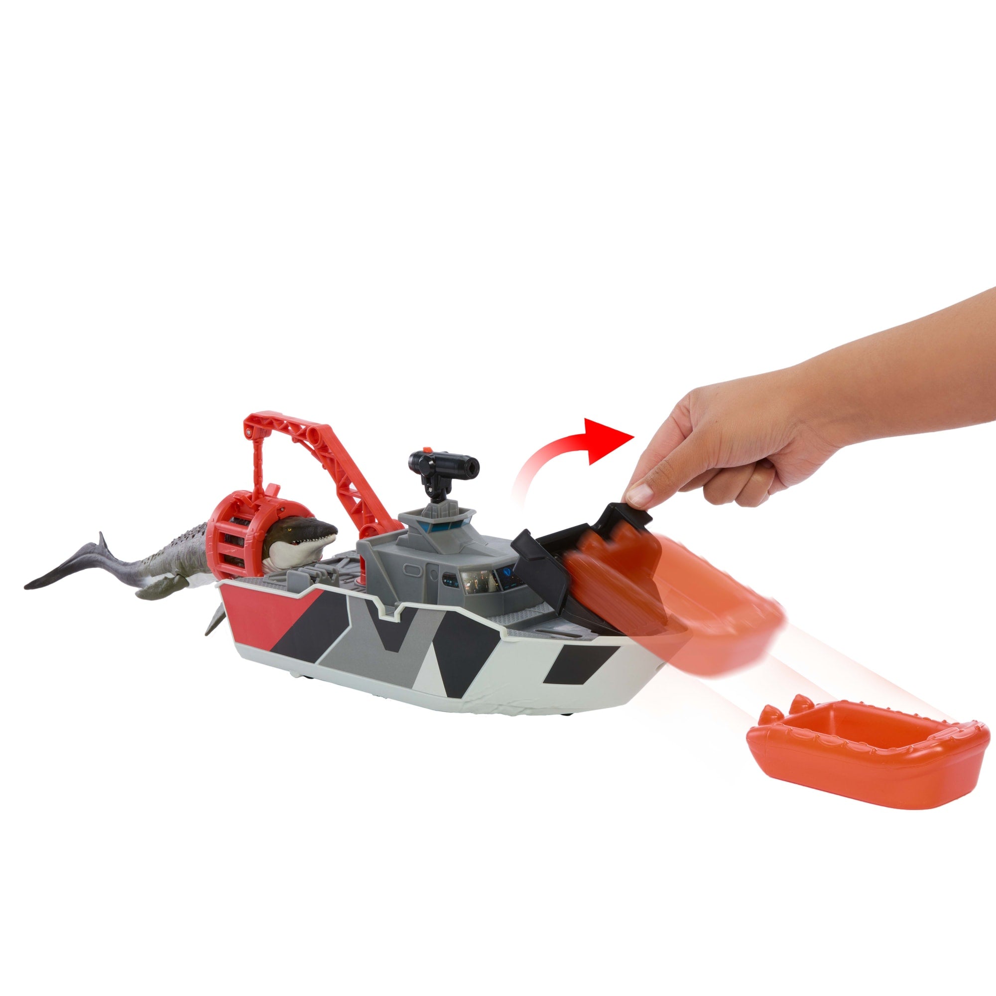 Matchbox Jurassic World Mosasaurus Rescue Action Boat Playset With Ship. Dino. Toy Car & Missiles - Image 5