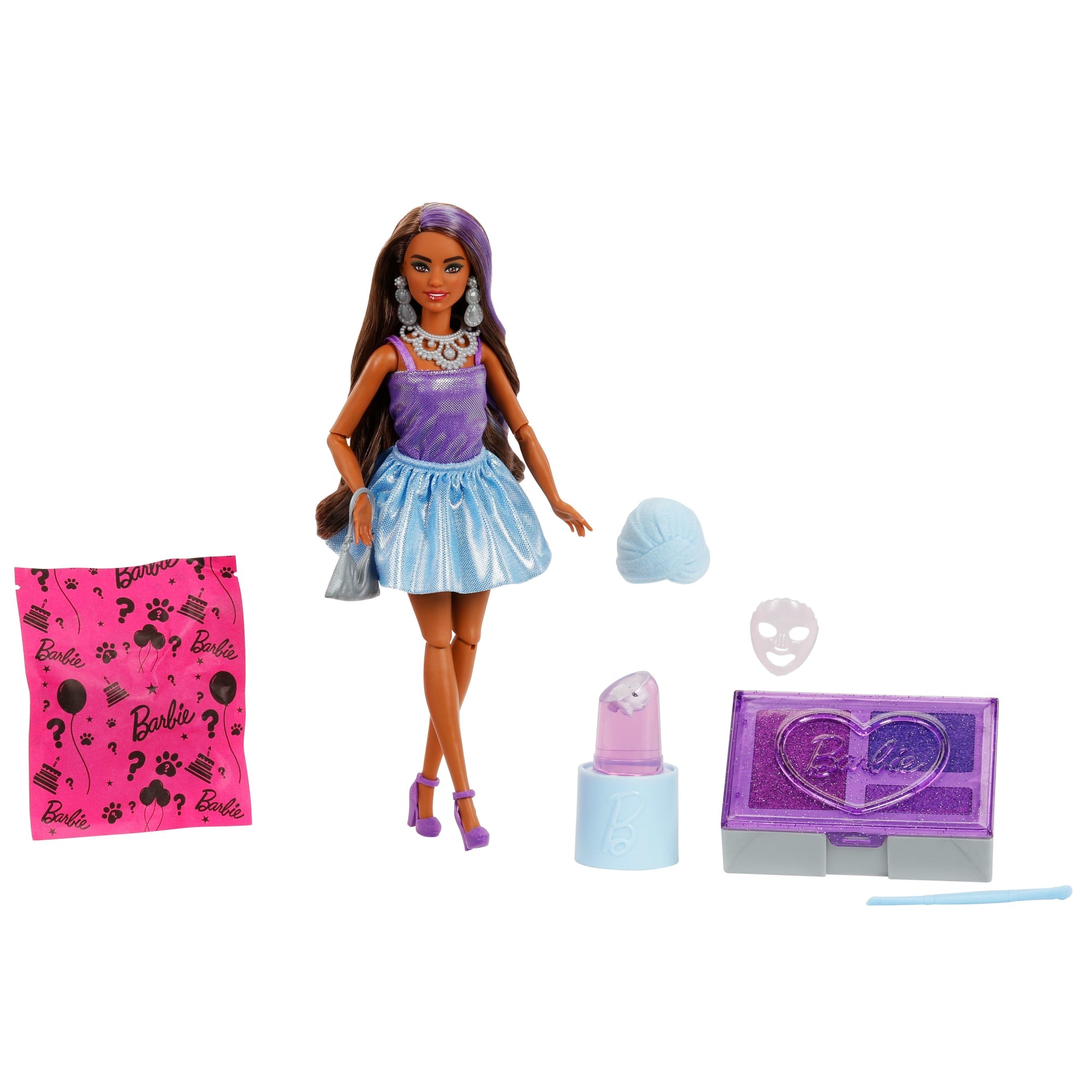 Poupée et Accessoires Barbie Party Unboxed Série Fête Glamour Violet Scintillant Avec 10Surprises - Image 2