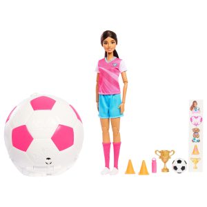 Barbie Team Barbie Roll And Reveal Soccer Player Doll And Accessories With Brunette Fashion Doll. 8 Surprises & Soccer Ball Encasement