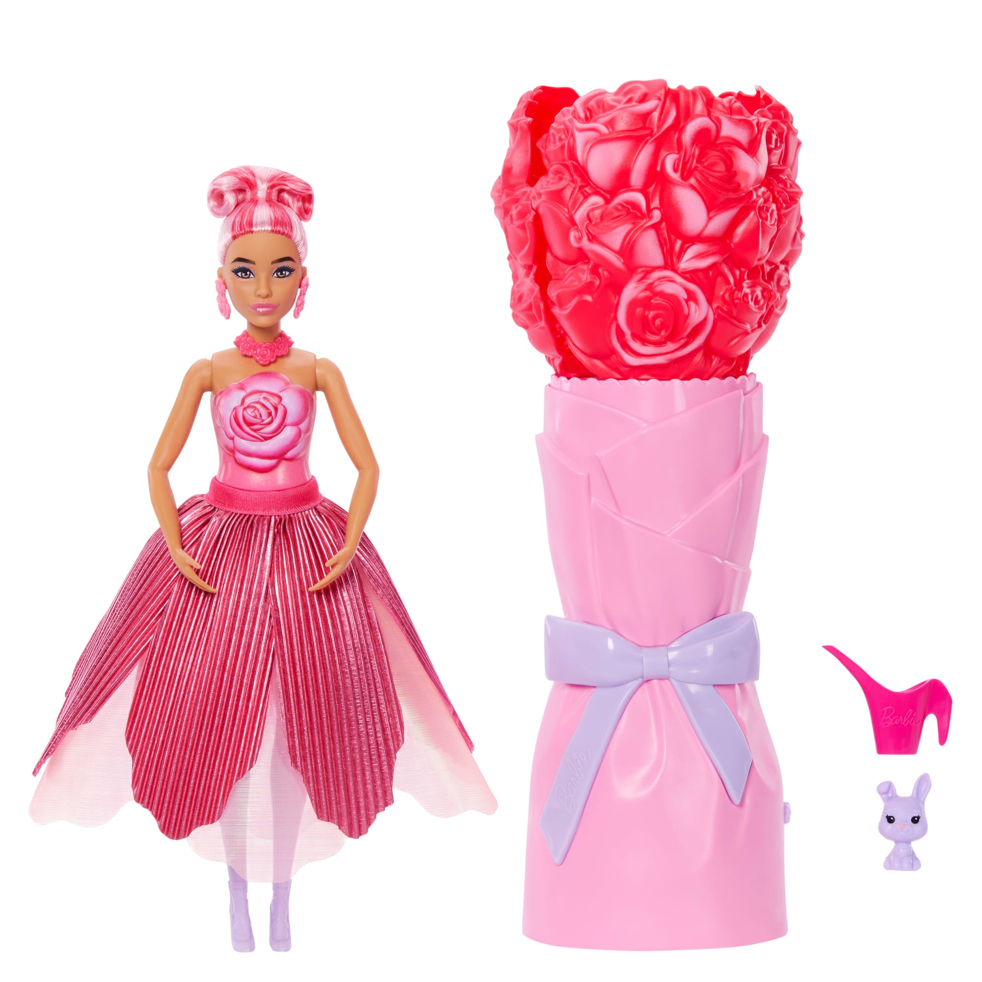 Barbie Petal Pop Scented Fashion Doll With Rose Dress. Reveal Accessories Like Bunny & More
