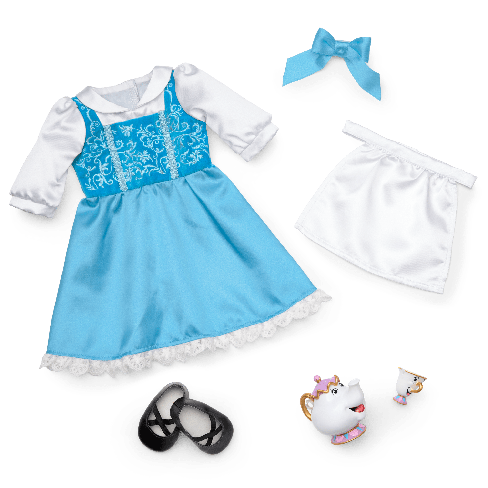 American Girl® Disney Princess Belle Blue Dress. Mrs. Potts. Chip & Accessories for 18-inch Dolls
