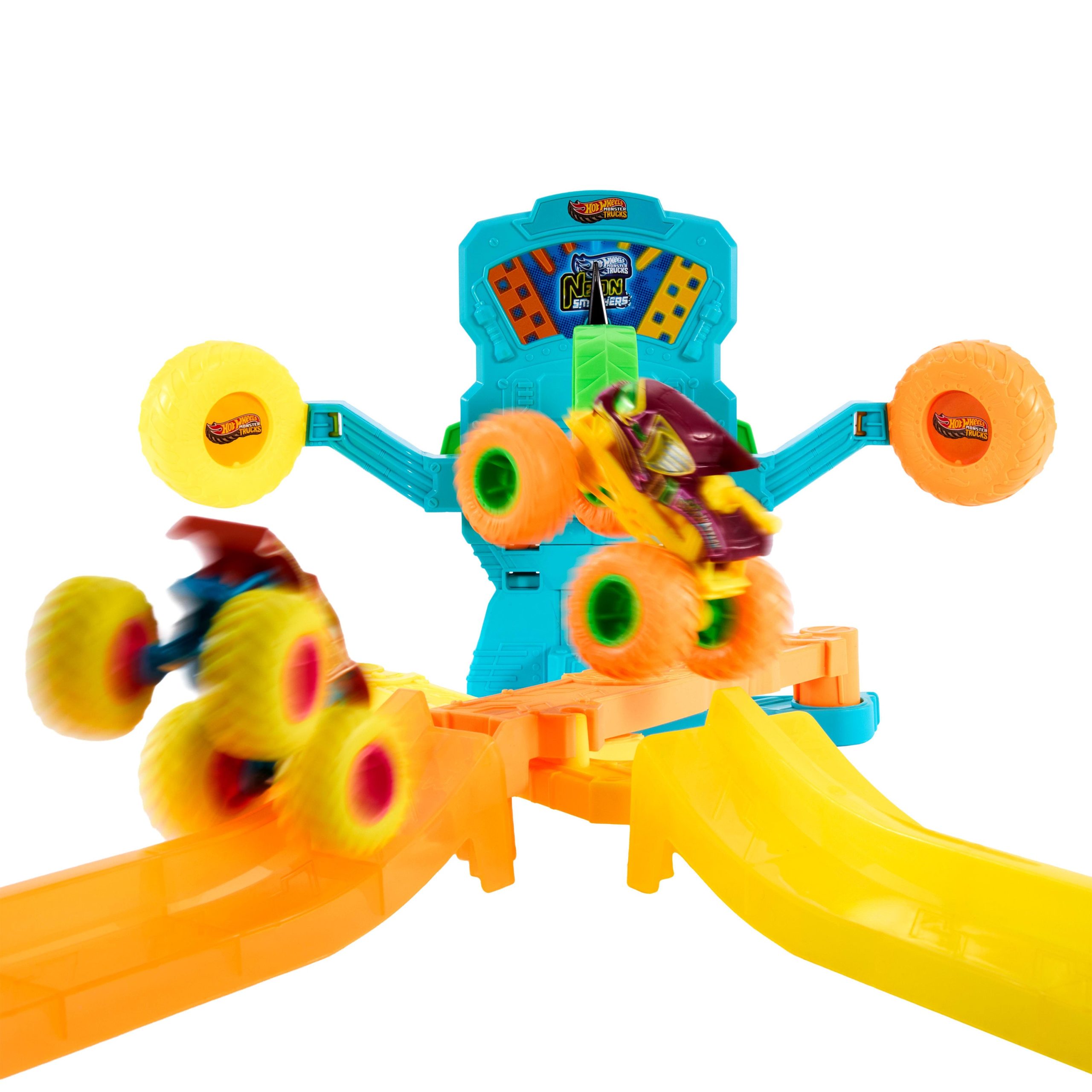 Hot Wheels Monster Trucks Neon Crashin' Slamway Playset With 2 Toy Vehicles. 2 Ways To Play - Image 4