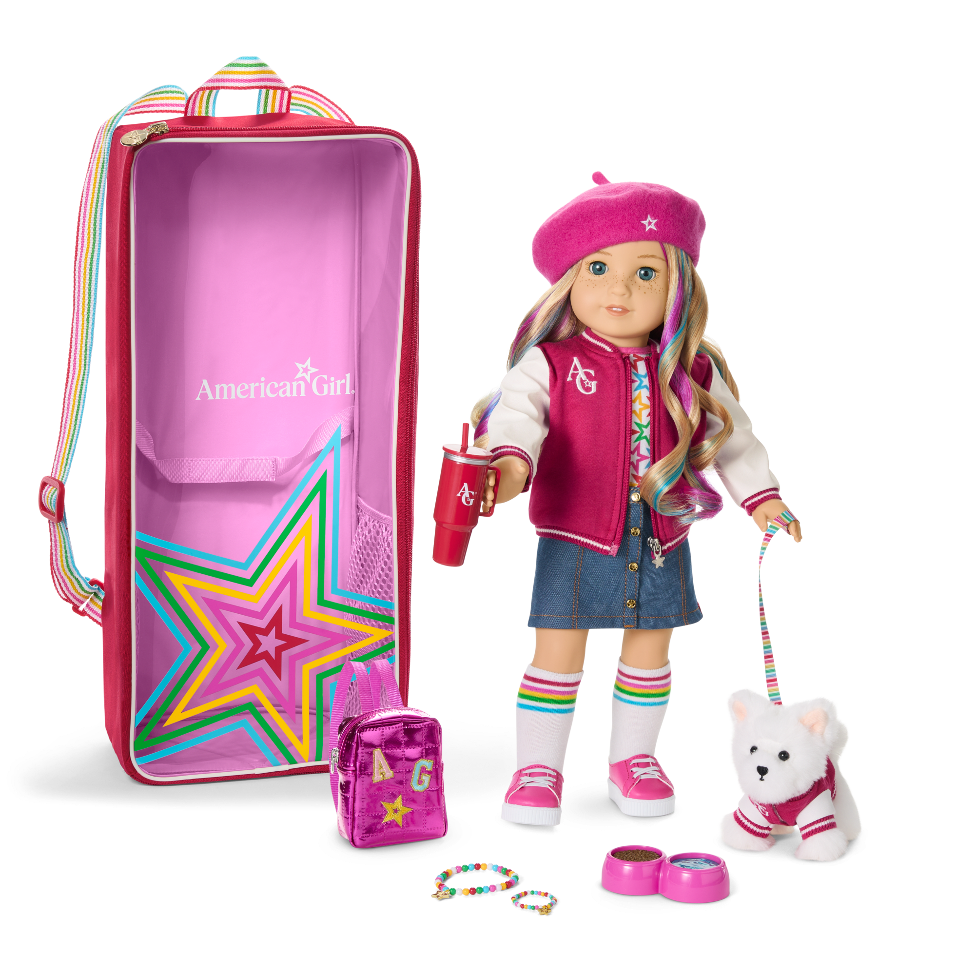 Truly Me™ 18-inch Doll #110. Accessories. Puppy & Doll Carrier