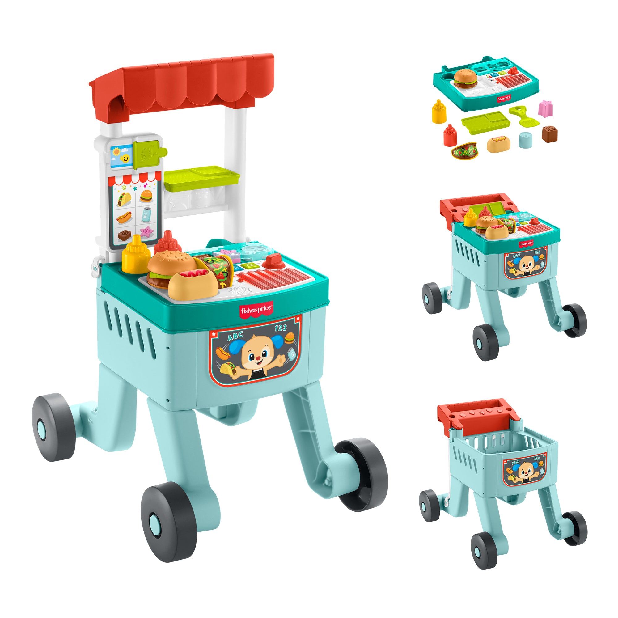 Fisher-Price Laugh & Learn 4-in-1 Snack Cart Walker Baby & Toddler Learning Toy. 14 Play Pieces. Multilanguage Version