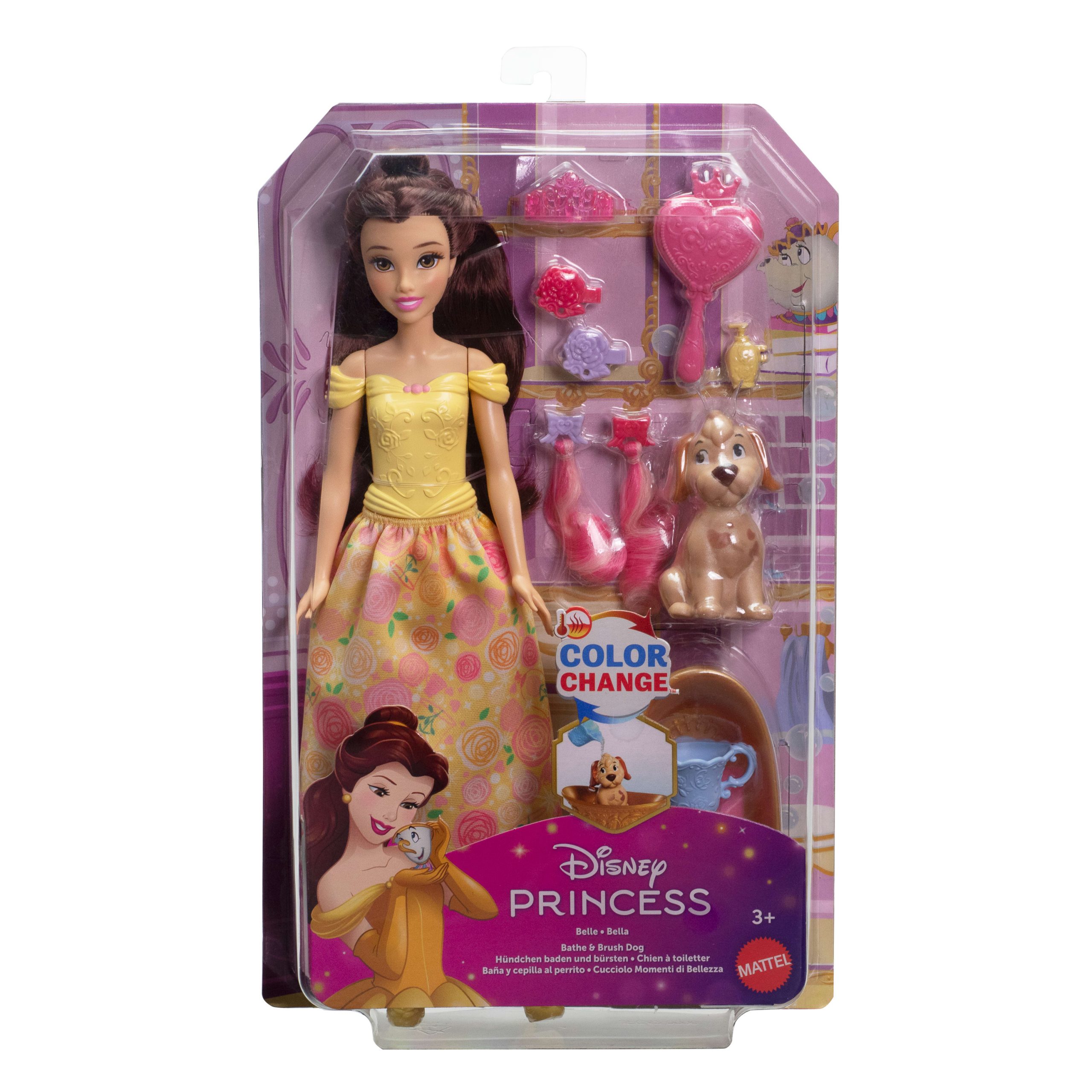 Disney Princess Bathe & Brush Belle Fashion Doll & Dog Figure With Color Change & Accessories - Image 6
