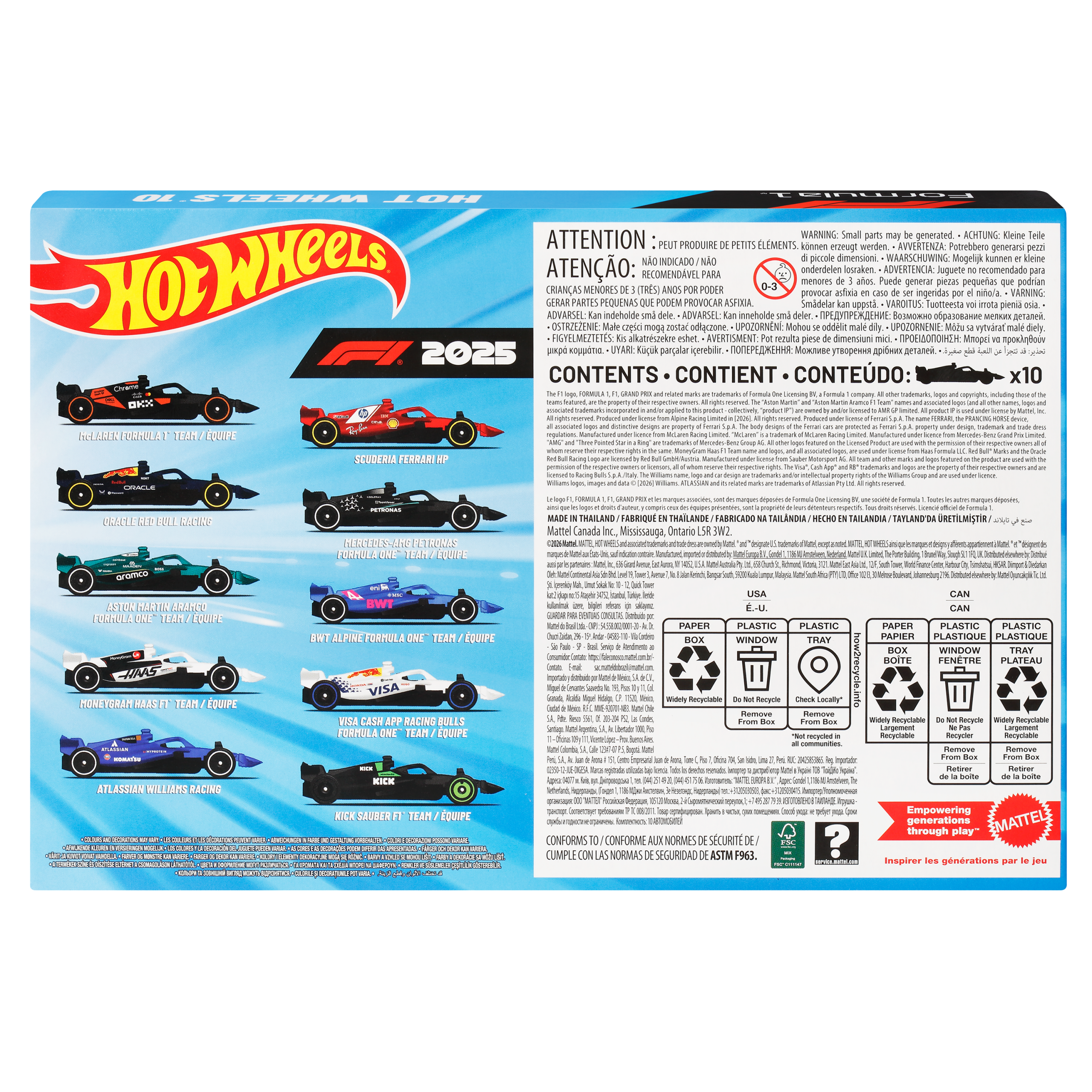 Hot Wheels Formula 1 10-Pack. Set Of 10 1:64 Scale Toy Cars With Each 2025 F1 Racing Team - Image 6