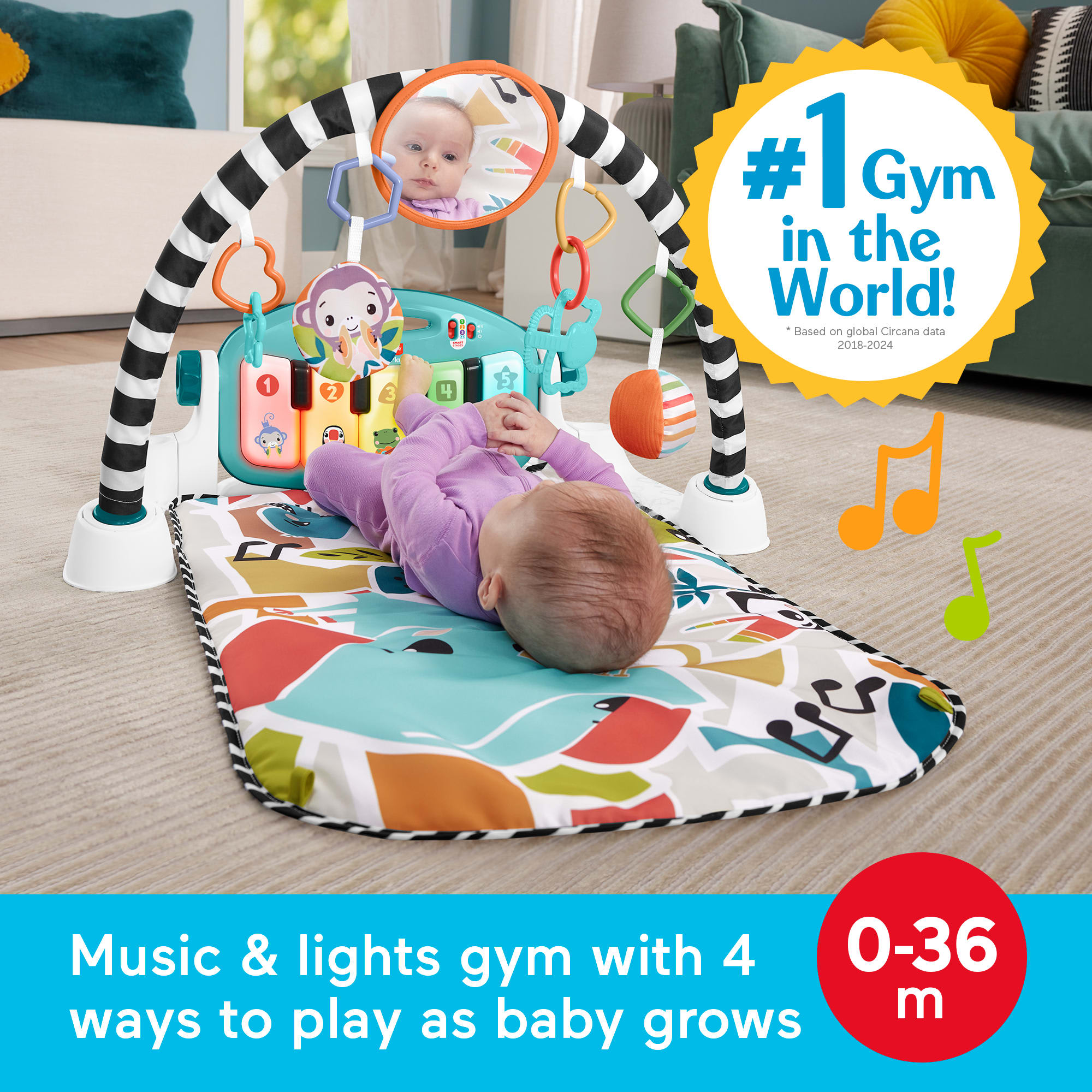 Fisher-Price Glow And Grow Kick & Play Piano Gym Baby Playmat With Musical Learning Toy. Blue - Image 2