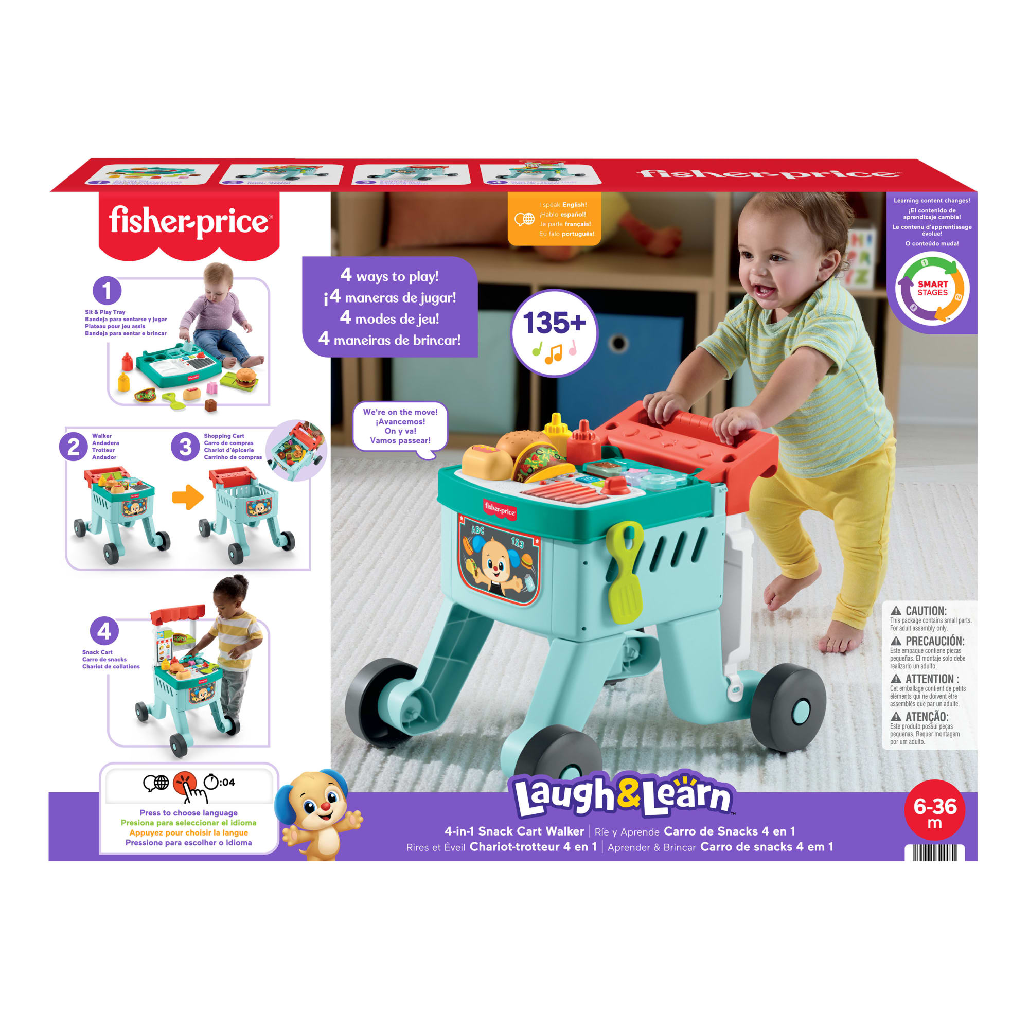 Fisher-Price Laugh & Learn 4-in-1 Snack Cart Walker Baby & Toddler Learning Toy. 14 Play Pieces. Multilanguage Version - Image 6