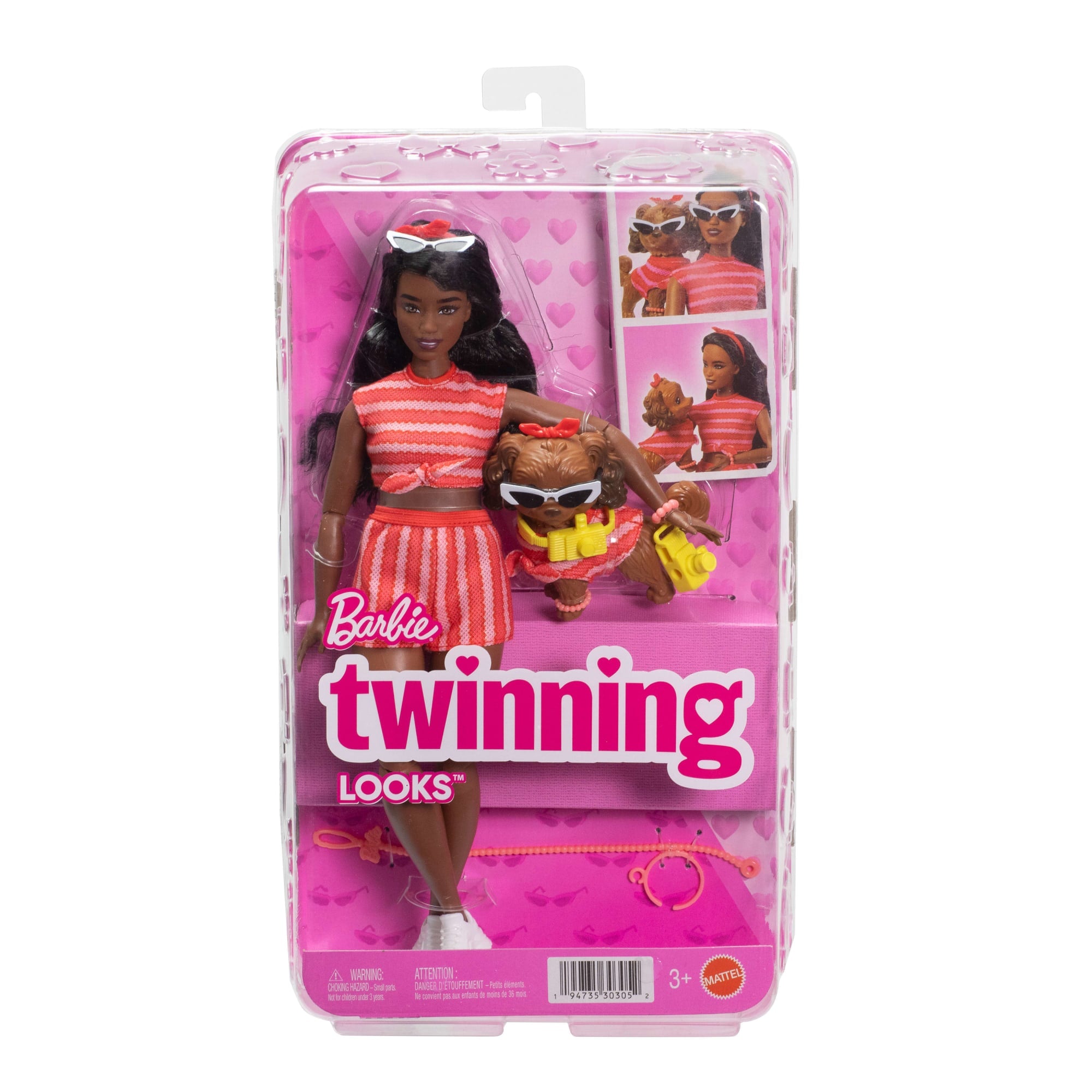Barbie Twinning Looks Fashion Doll With Pet Dog. Matching Red Clothes & Accessories. Black Hair - Image 6