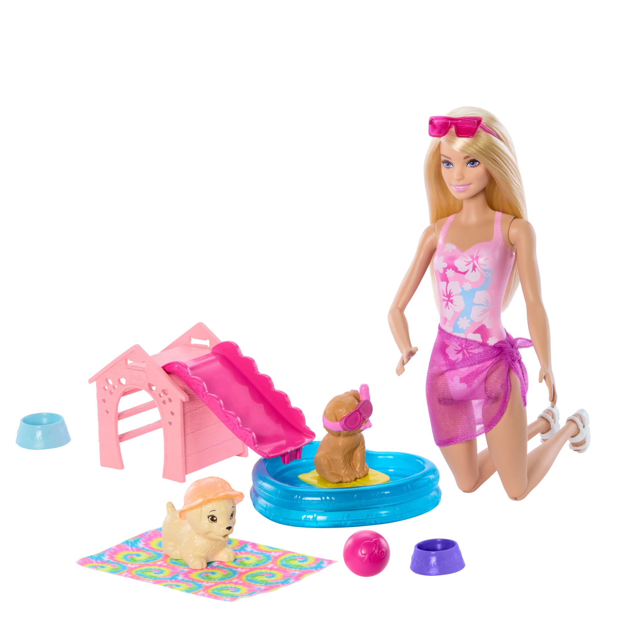 Barbie Puppy Pool Party Playset With Doll. Pool. Doghouse & Slide. 2 Pet Figures & 6 Accessories