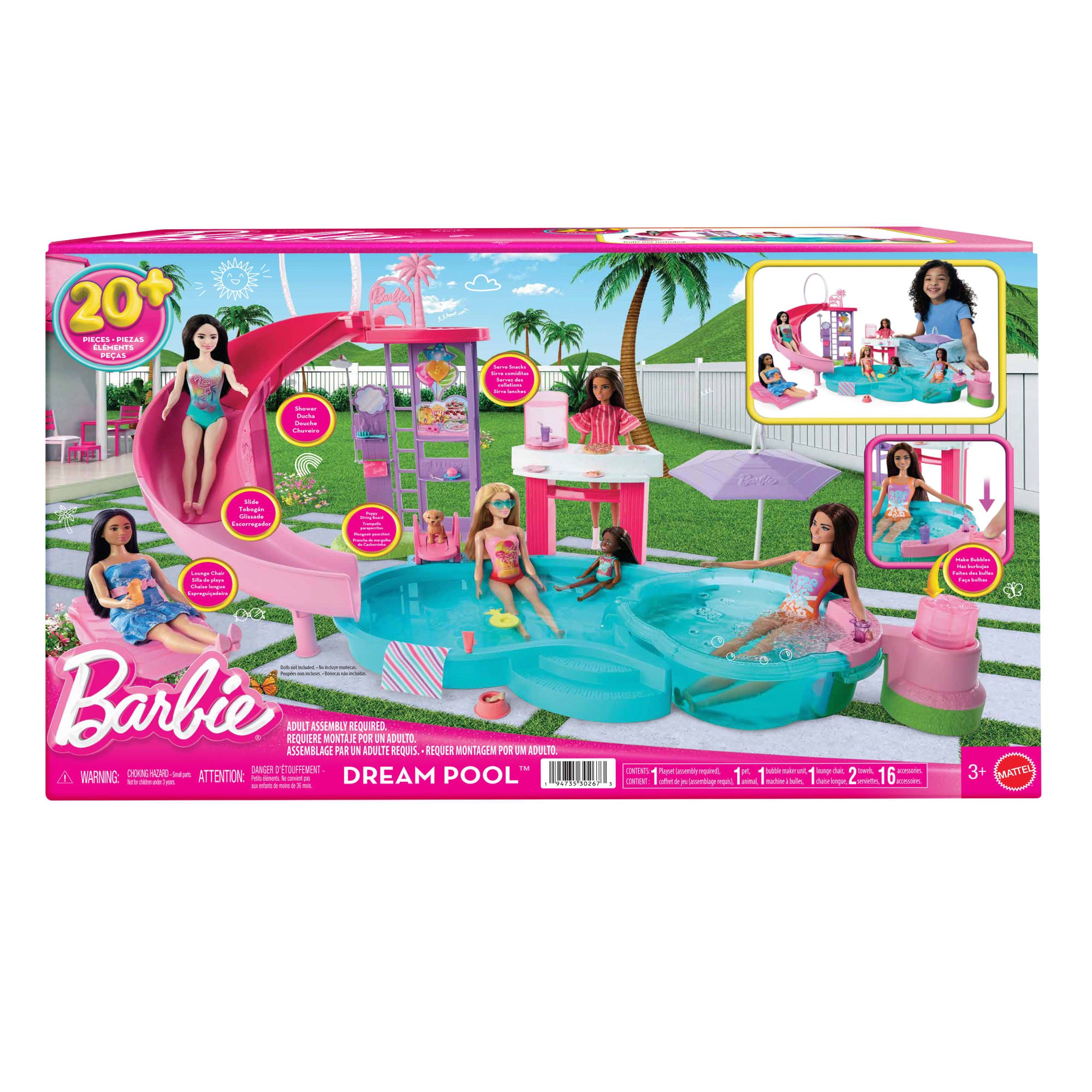 Barbie Dream Pool Playset With Slide & Bubbling Hot Tub. 20+ Accessories including Pet. Floaties & More - Image 6