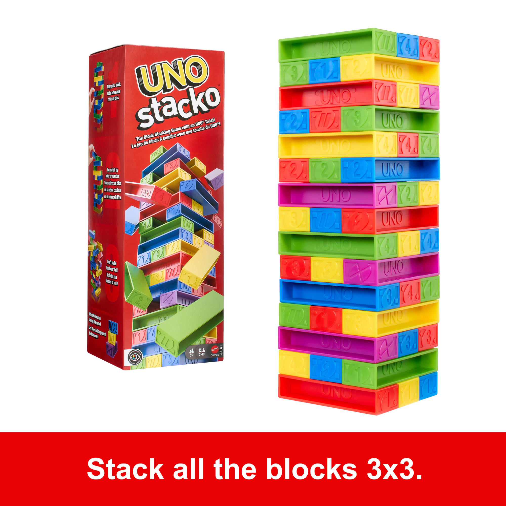 UNO Stacko Game For Kids & Family With 45 Colored Stacking Blocks & Tray - Image 3