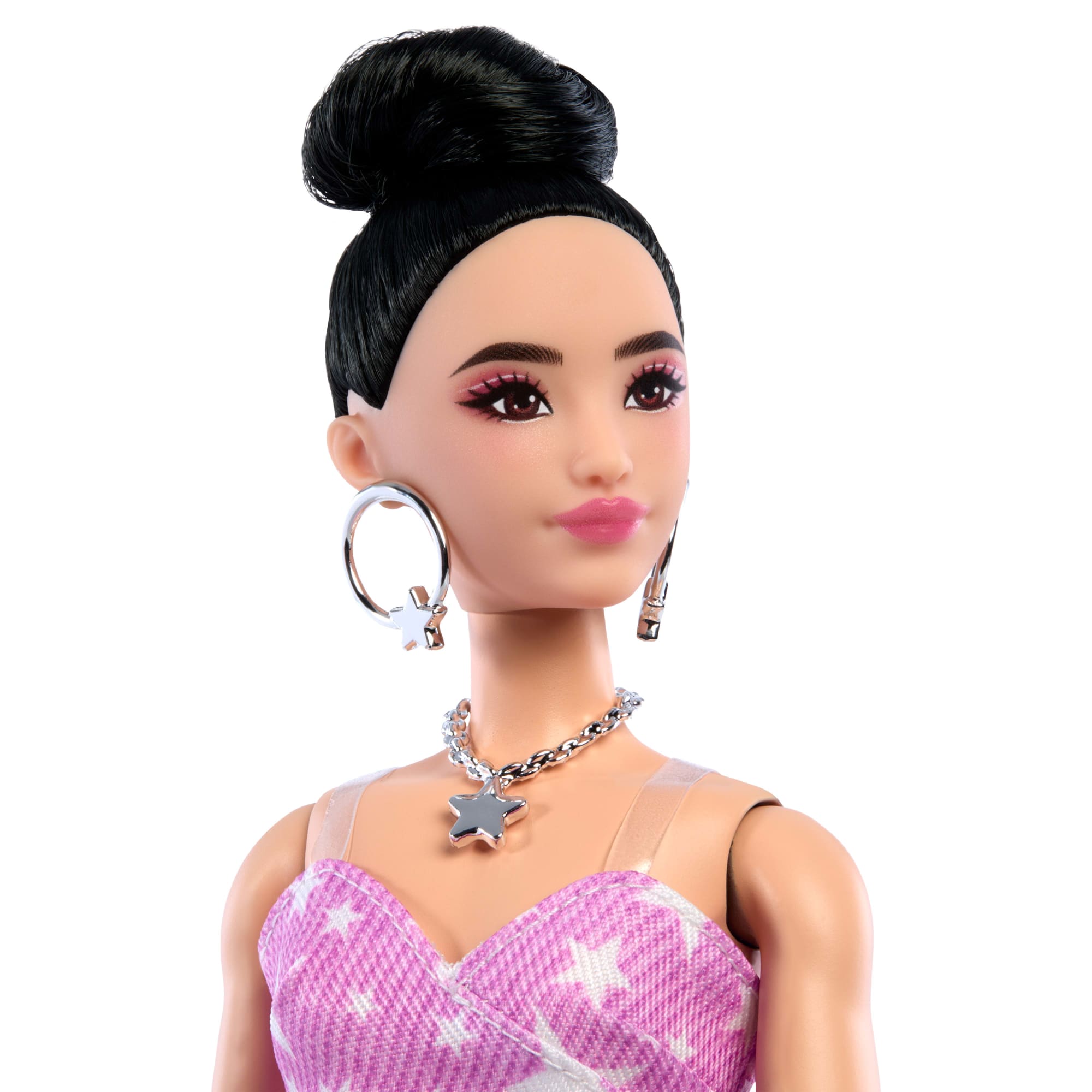 Barbie Deluxe Style Fashion Doll #11 in Pink Denim Star-Print Dress. Black Hair in Bun - Image 3