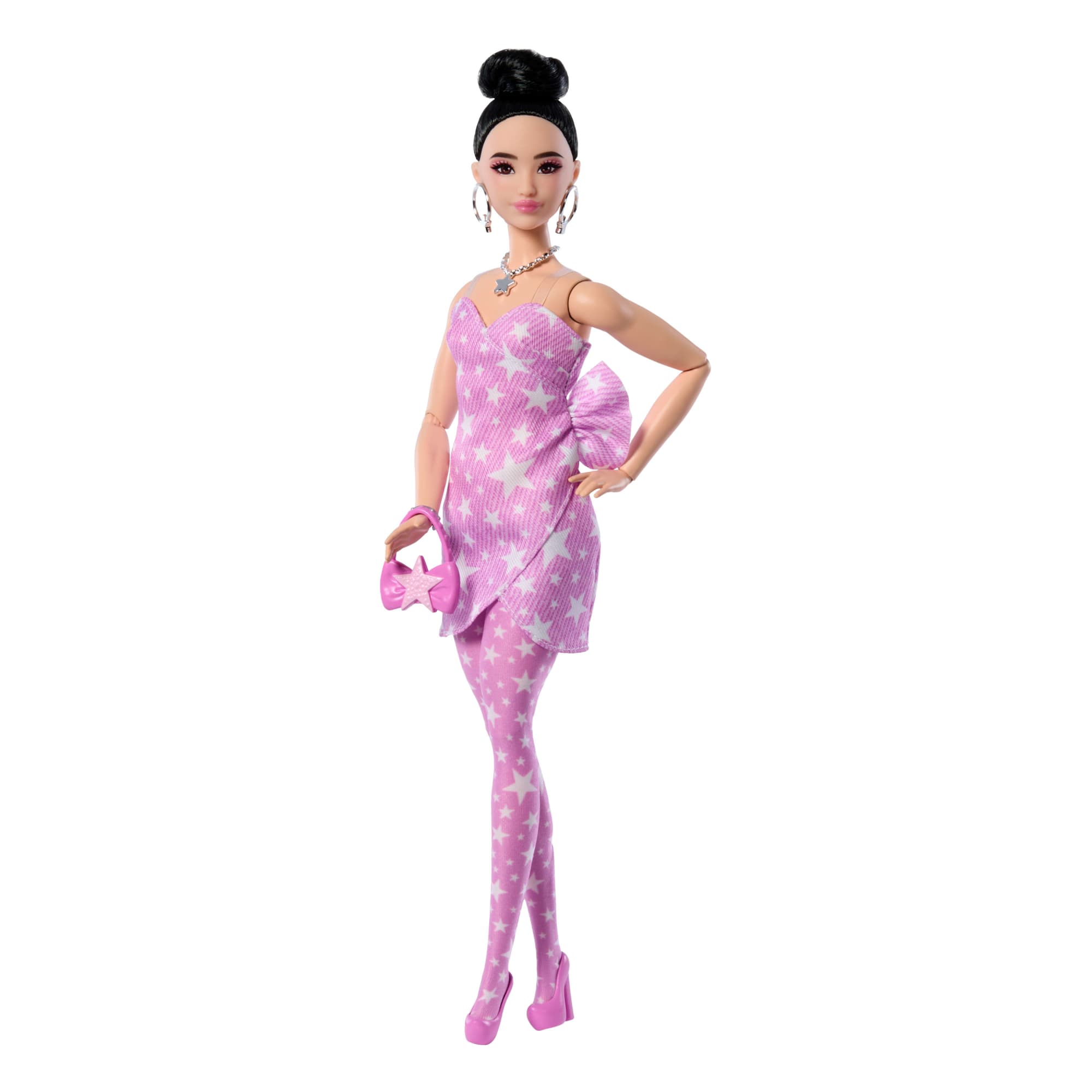 Barbie Deluxe Style Fashion Doll #11 in Pink Denim Star-Print Dress. Black Hair in Bun