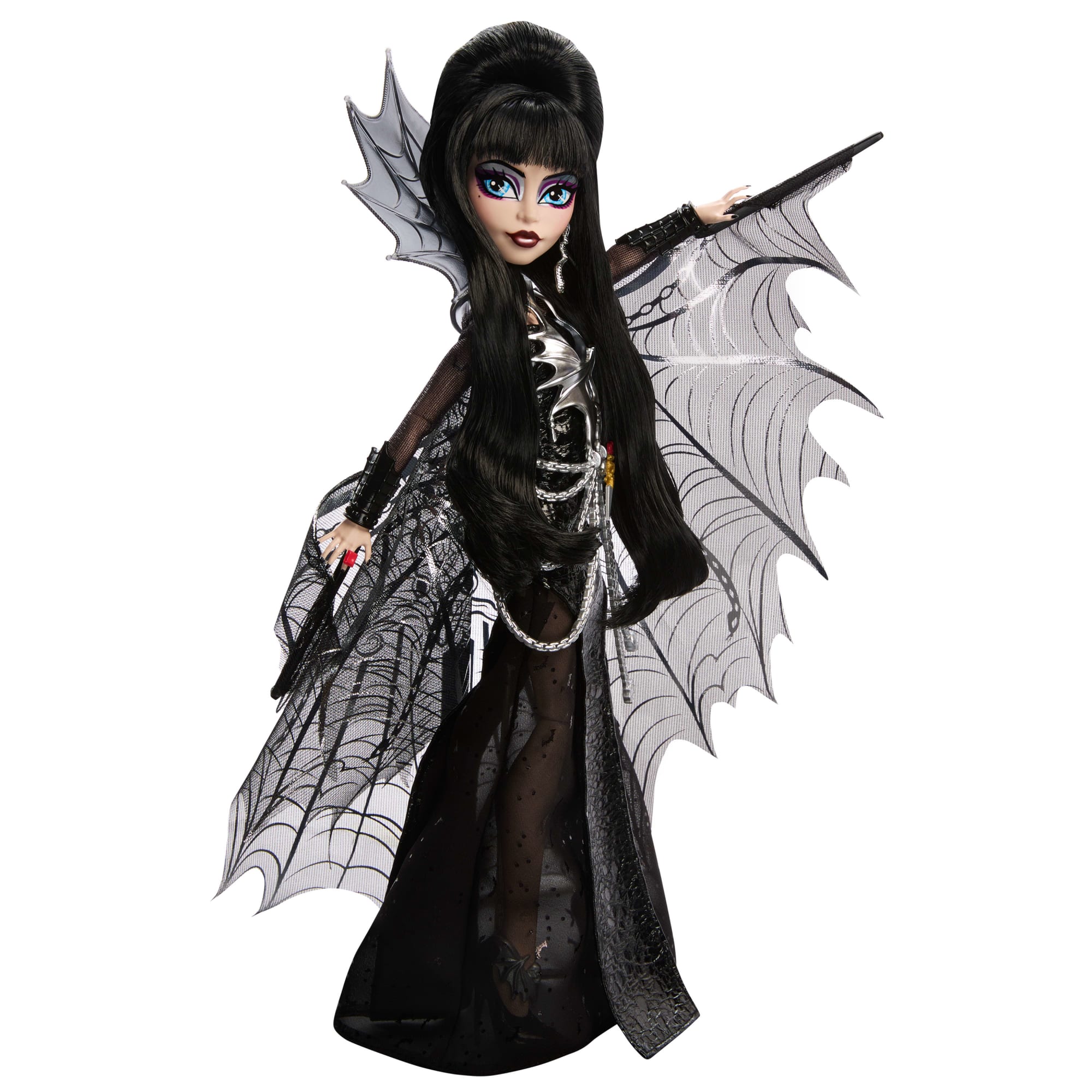 Monster High Elvira Collector Doll in Black Faux Leather Dress With Silvery Cape And Accessories - Image 6