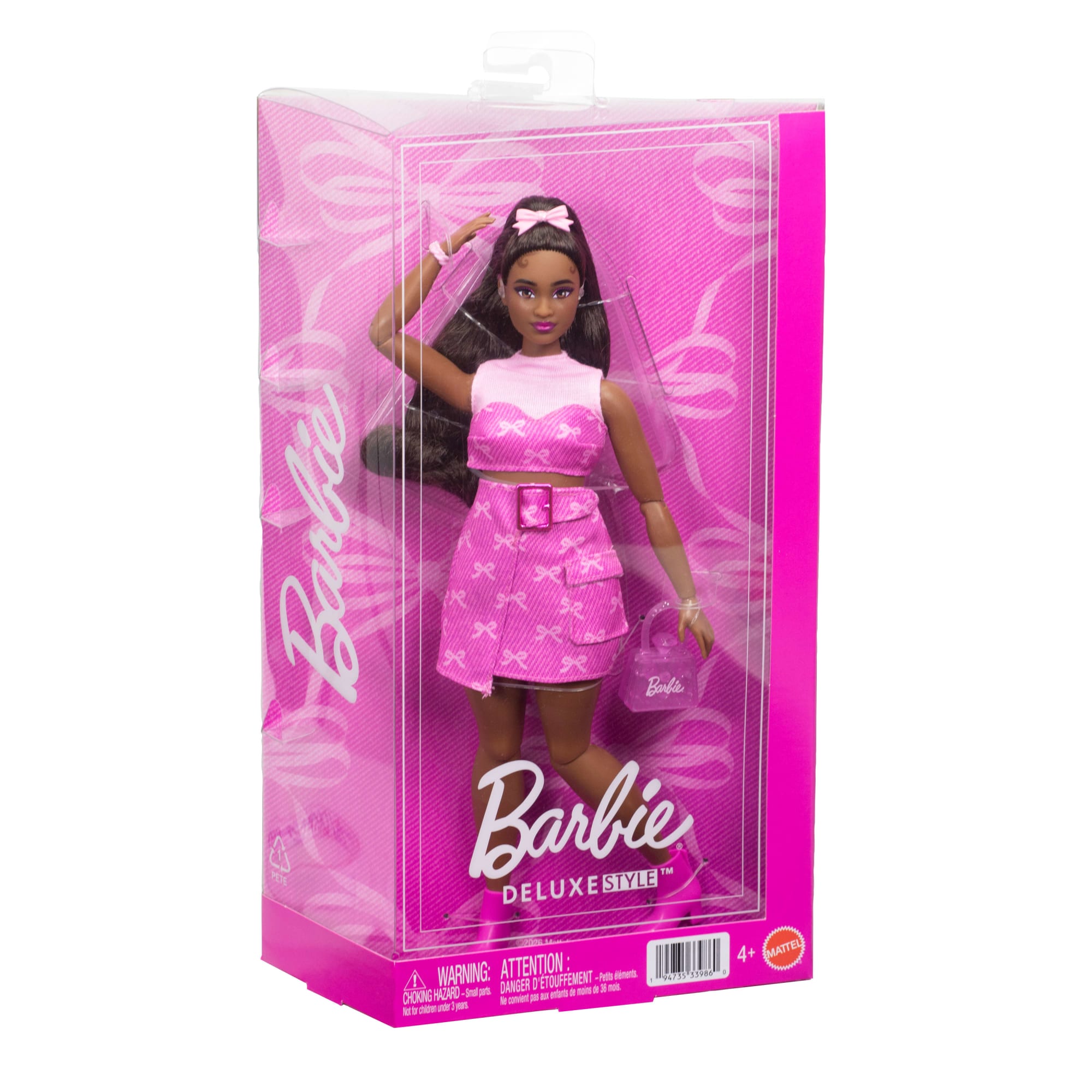 Barbie Deluxe Style Fashion Doll #10 in Pink Denim Top & Skirt Set With Bow Print. Black Hair - Image 6