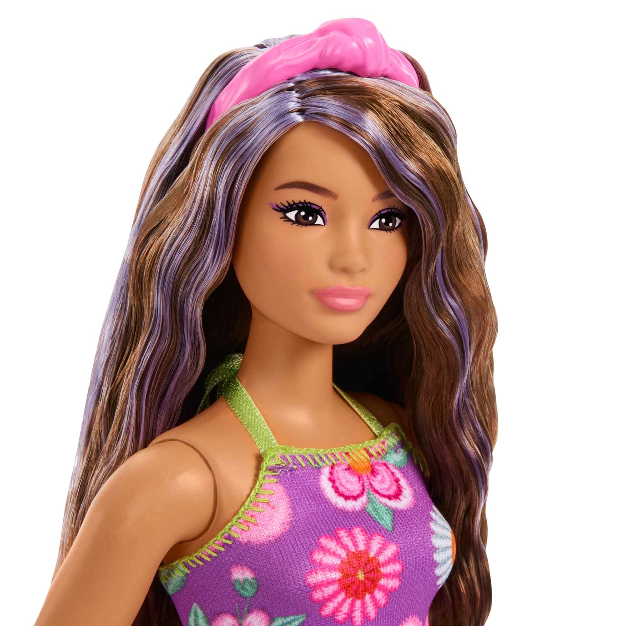 Barbie Fashionistas Doll #244 With Floral Halter Dress. Purple-Streaked Brown Hair - Image 3