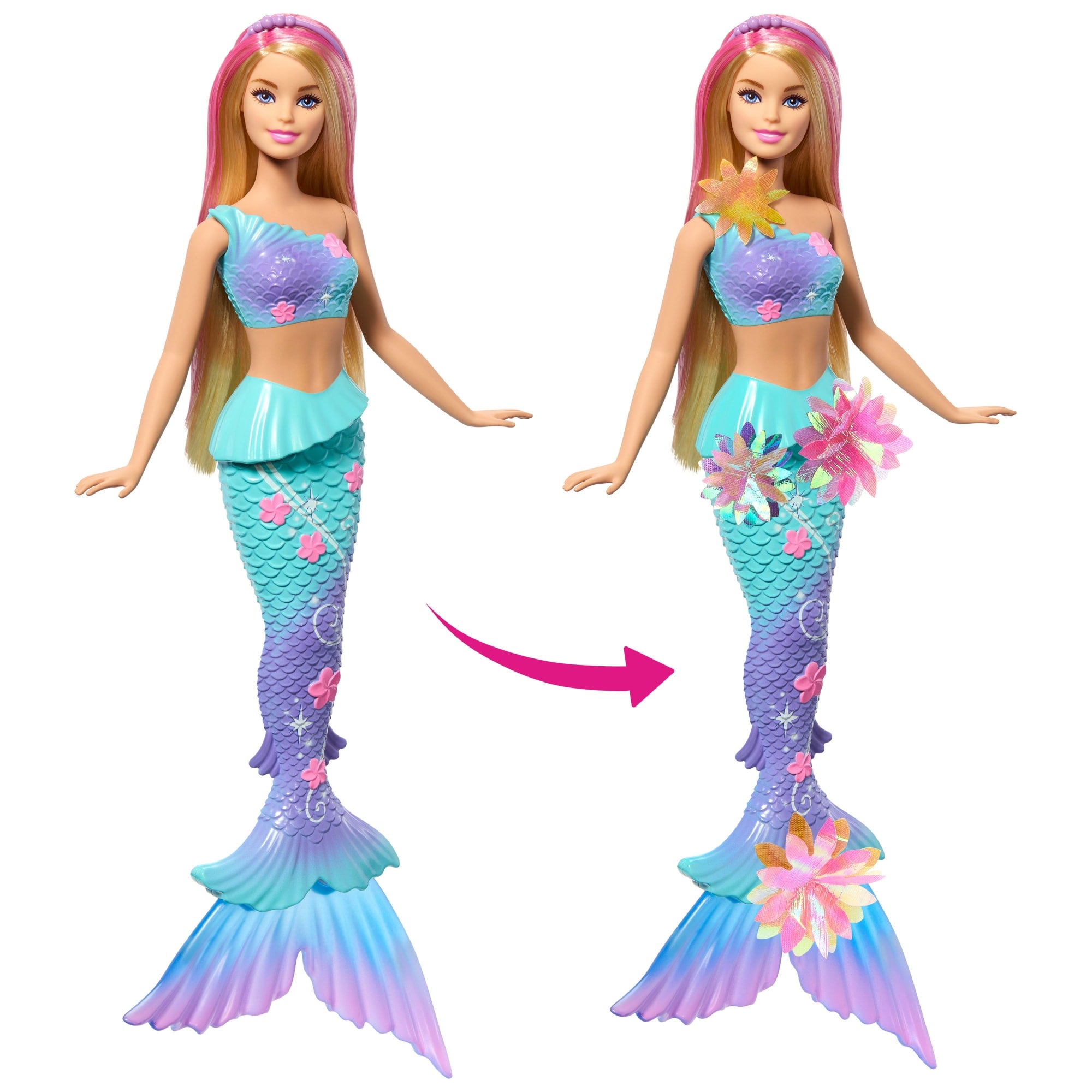 Barbie Fantasía Muñeca Sirena con Transformación de Flores Cabello Rosa - Image 2