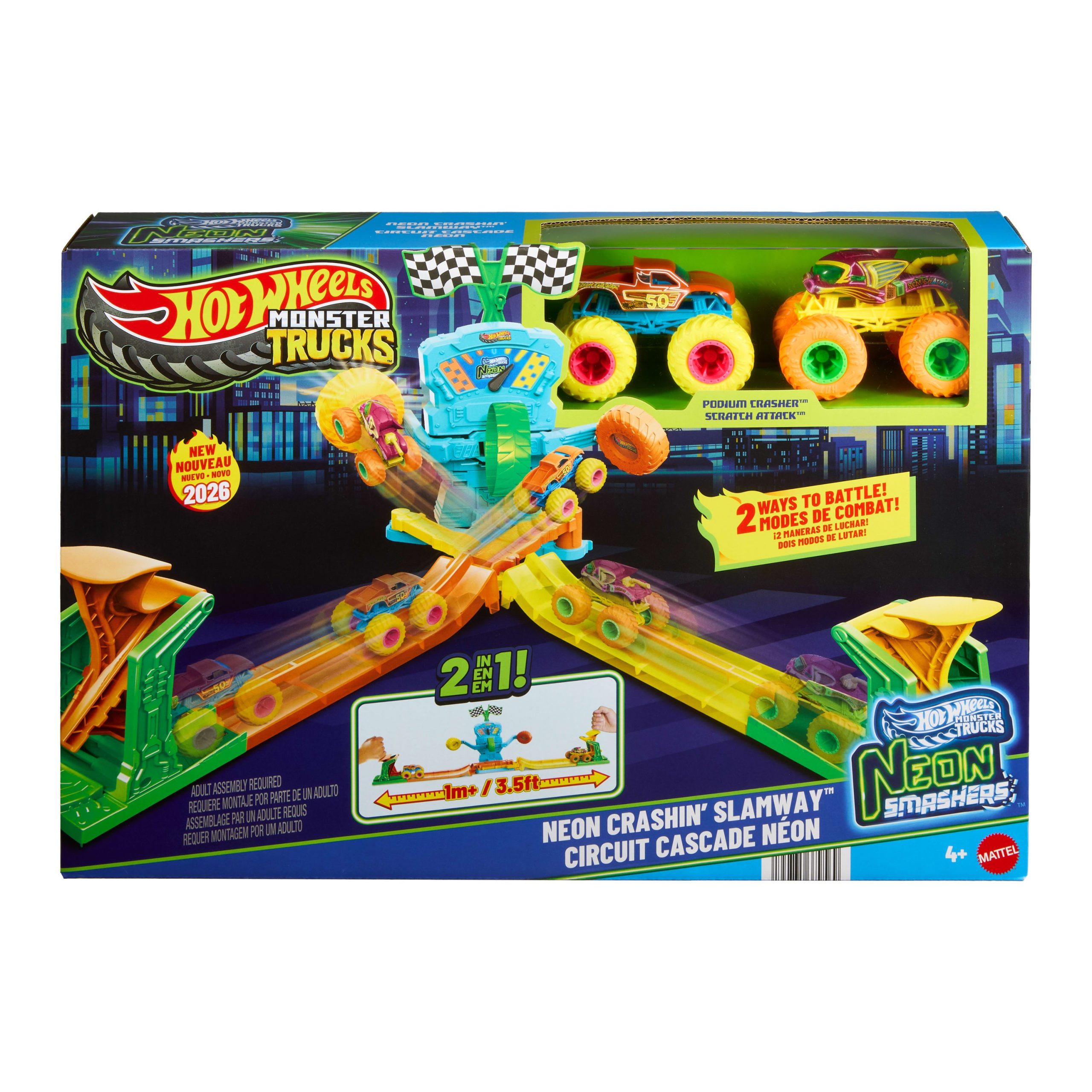Hot Wheels Monster Trucks Neon Crashin' Slamway Playset With 2 Toy Vehicles. 2 Ways To Play - Image 6