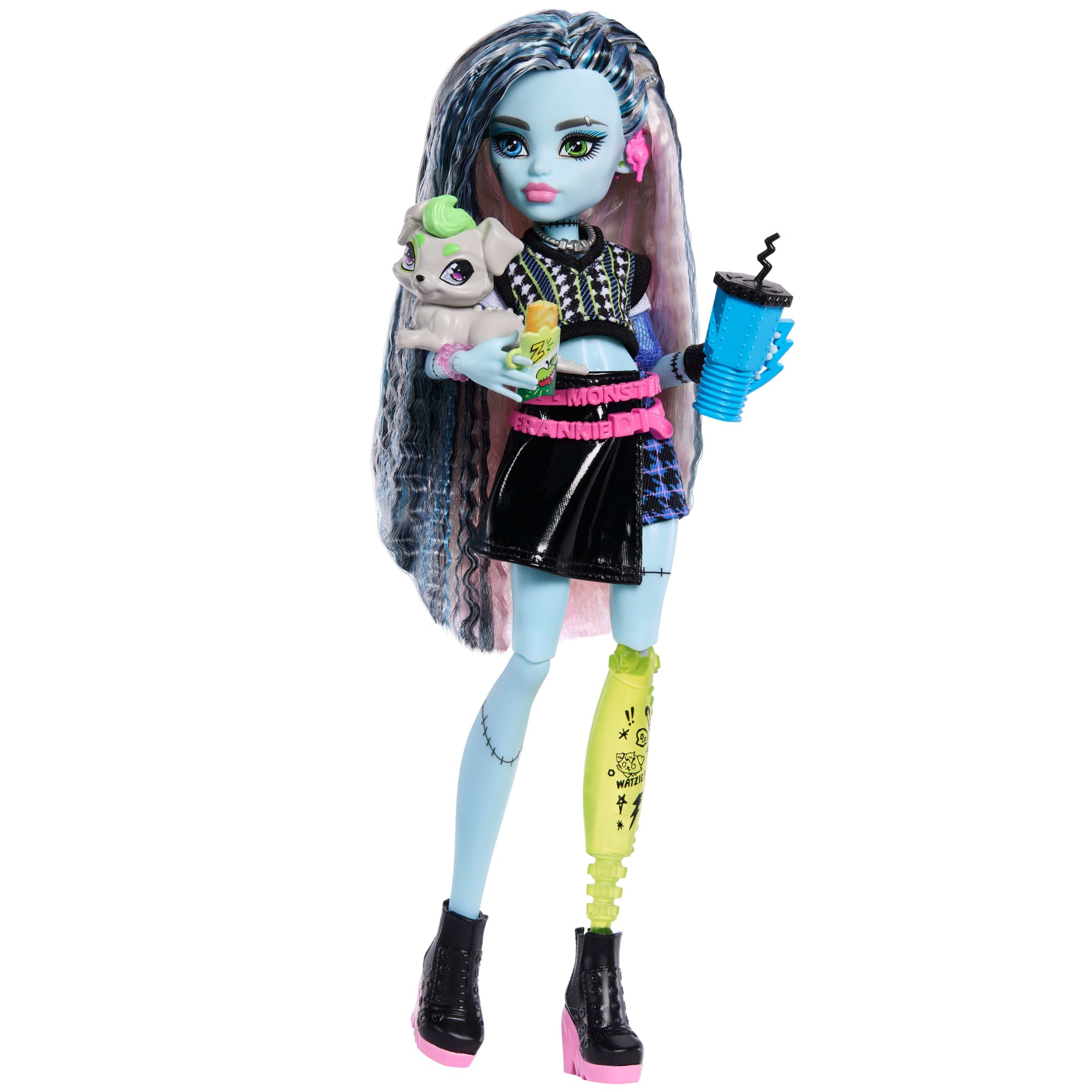 Monster High Frankie Stein Fashion Doll in Black Pleather Skirt With Pet Watzie And 7 Accessories - Image 3