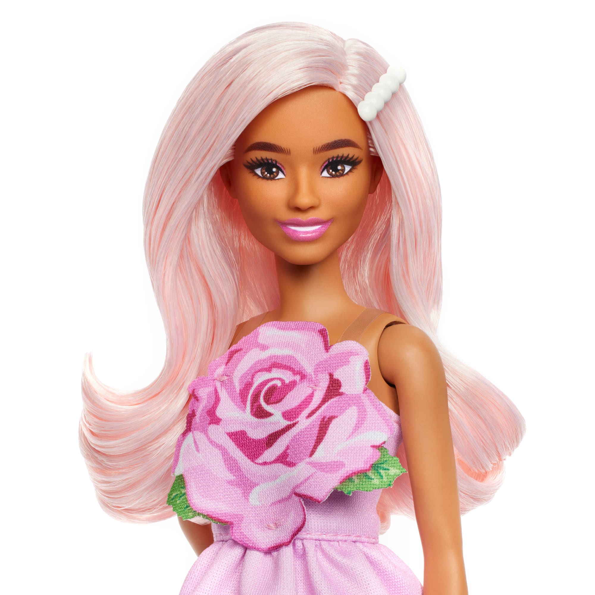 Barbie Fashionistas Doll #238 in Strapless Rose Dress. Pink Hair With Barrette Accessory - Image 3