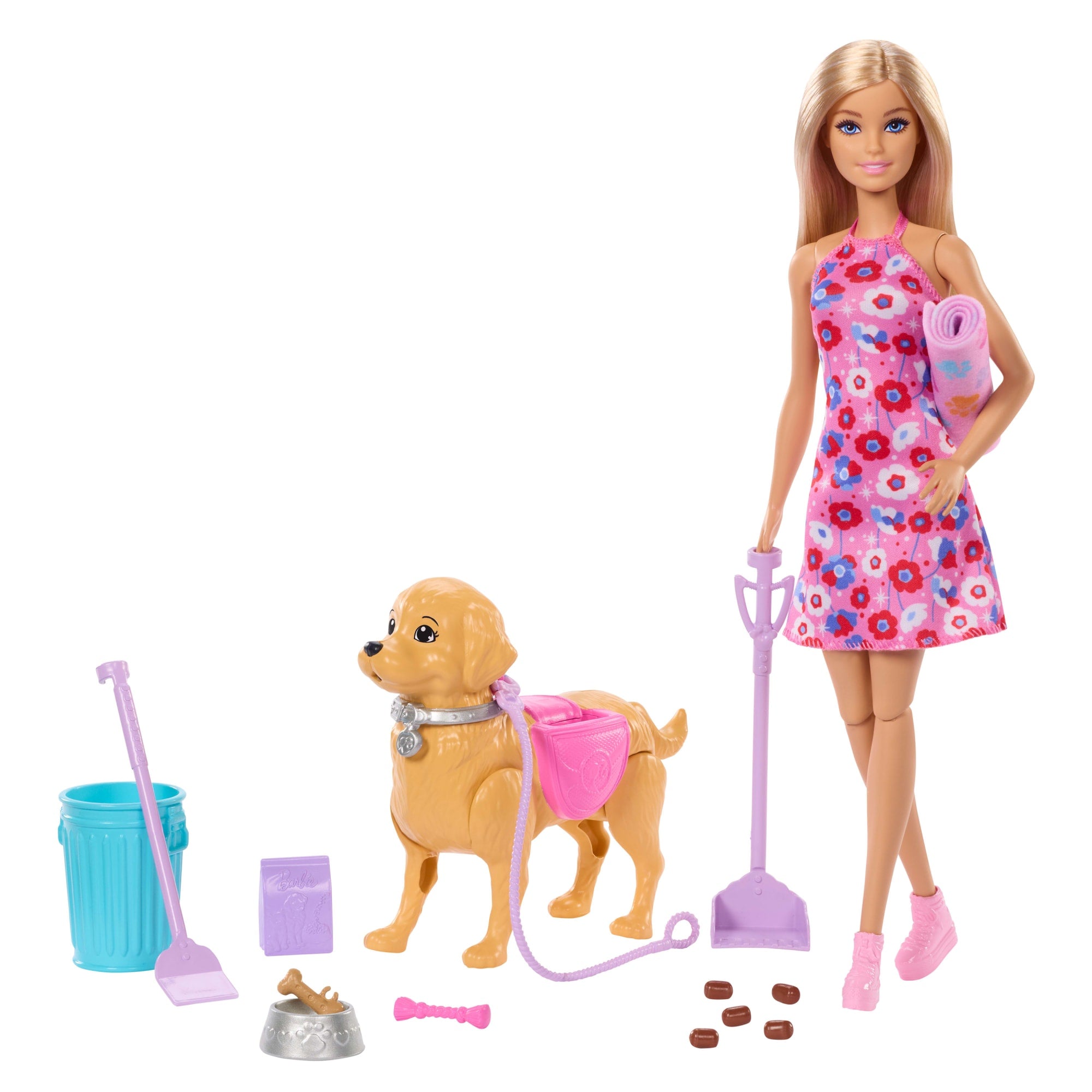 Barbie Malibu Walk & Potty Pup Toy Set. includes Doll. Walking Pet Dog With Potty Feature. & Accessories