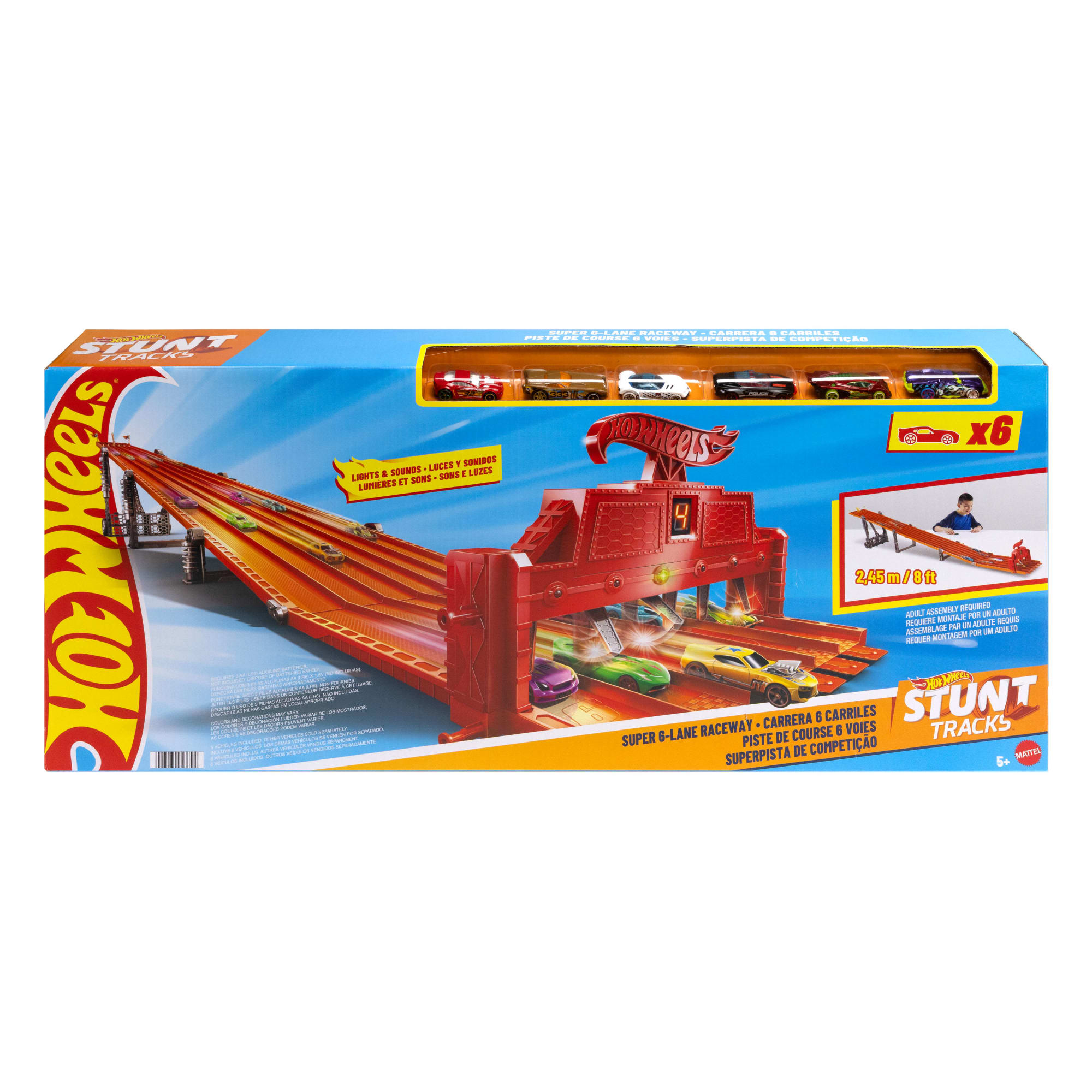 Hot Wheels Super 6-Lane Raceway. 8-Ft Track With 6 Toy Cars in 1:64 Scale
