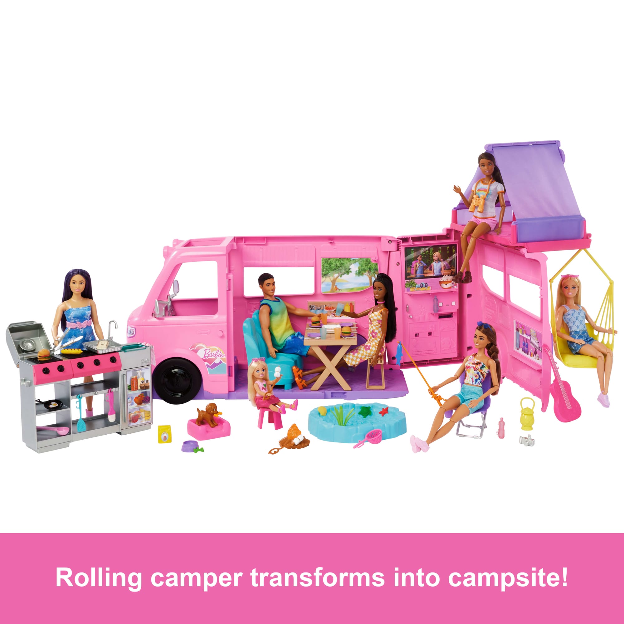 Barbie Dream Camper Playset With Roof Tent. BBQ Grill With Color-Change Feature & 60+ Accessories - Image 2