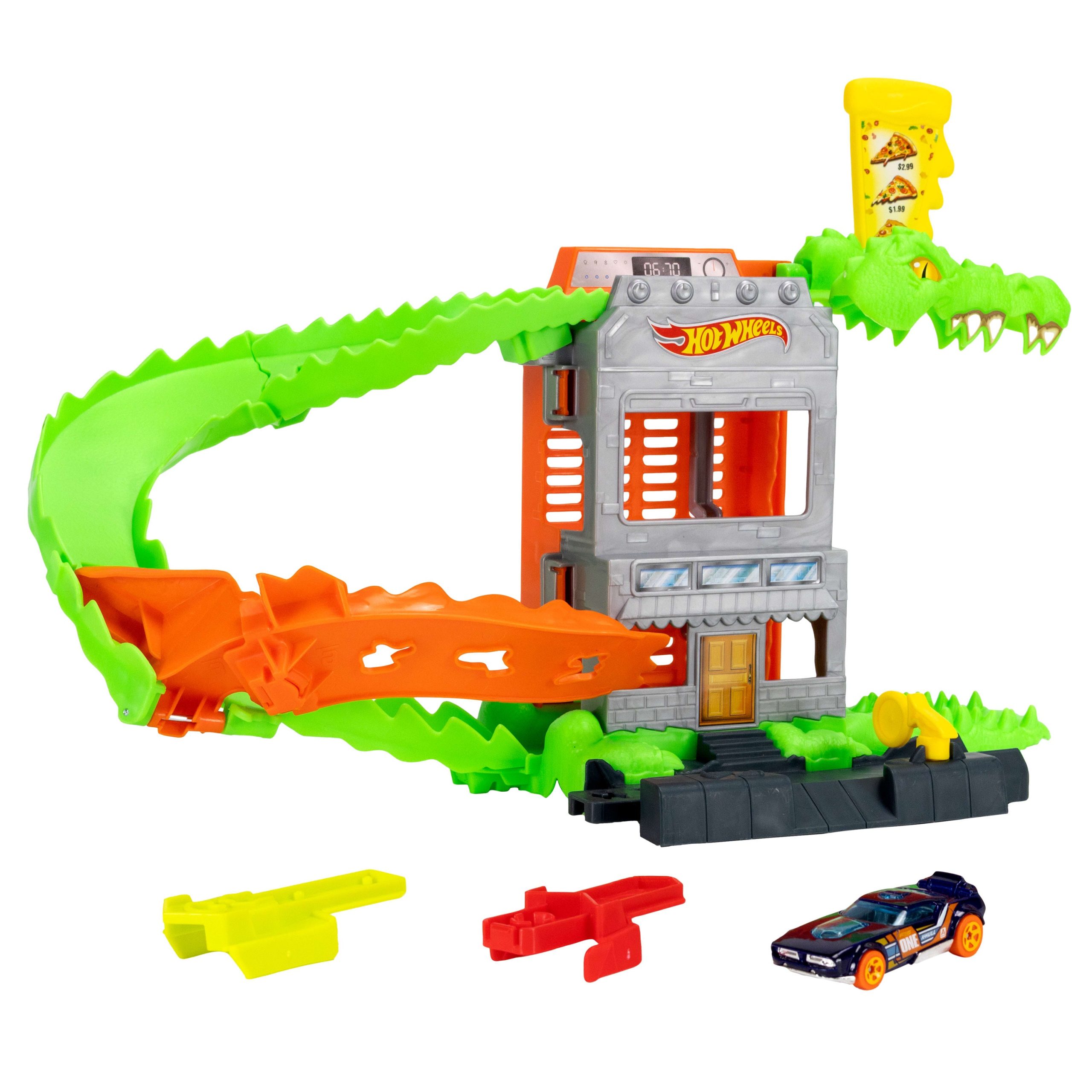 Hot Wheels City Croc Pizza Attack Playset & 1:64 Scale Toy Car. Speed Snap Track Compatible