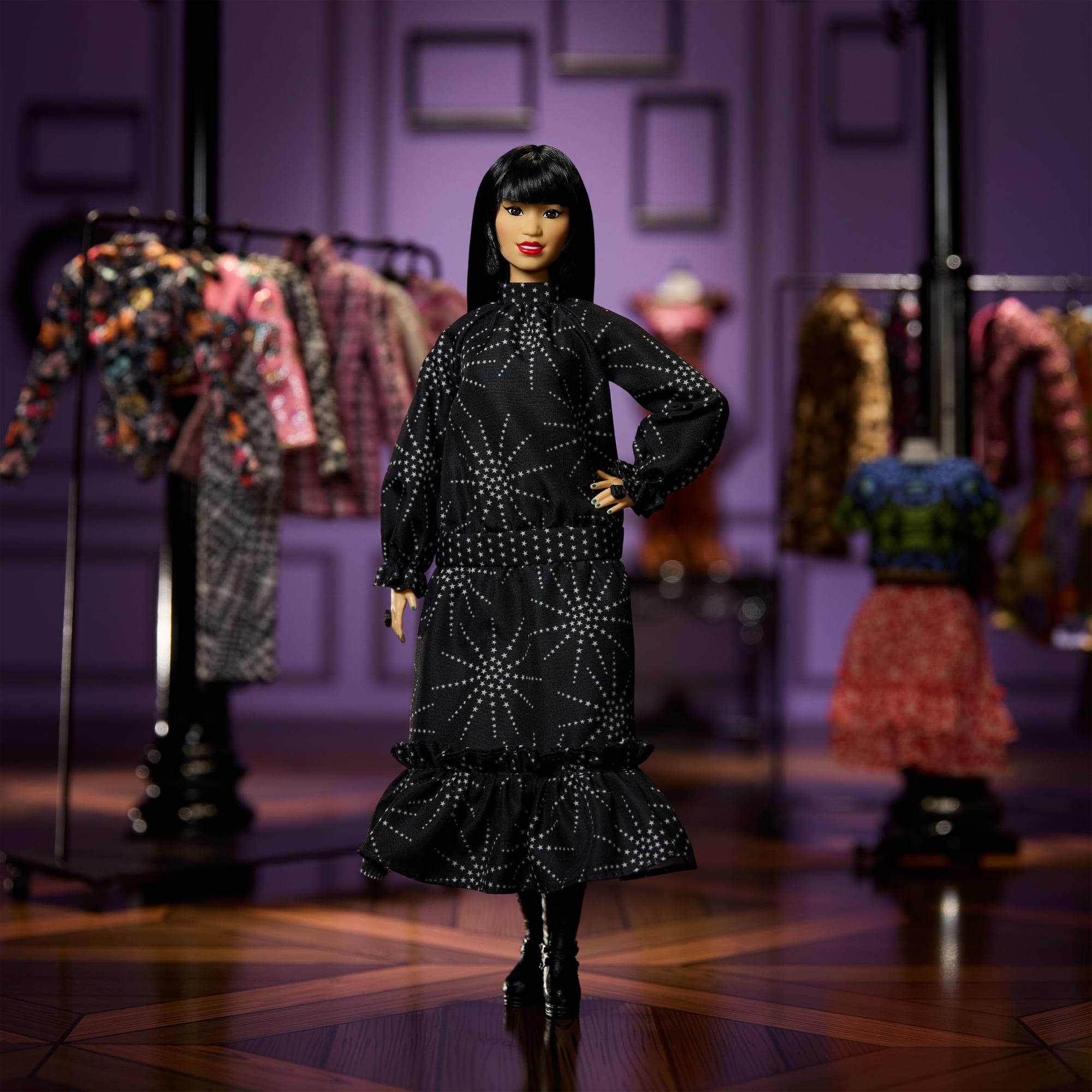 Barbie Inspiring Women Doll. Anna Sui Collectible in Black Dress With Sunglasses & Perfume Accessories - Image 2