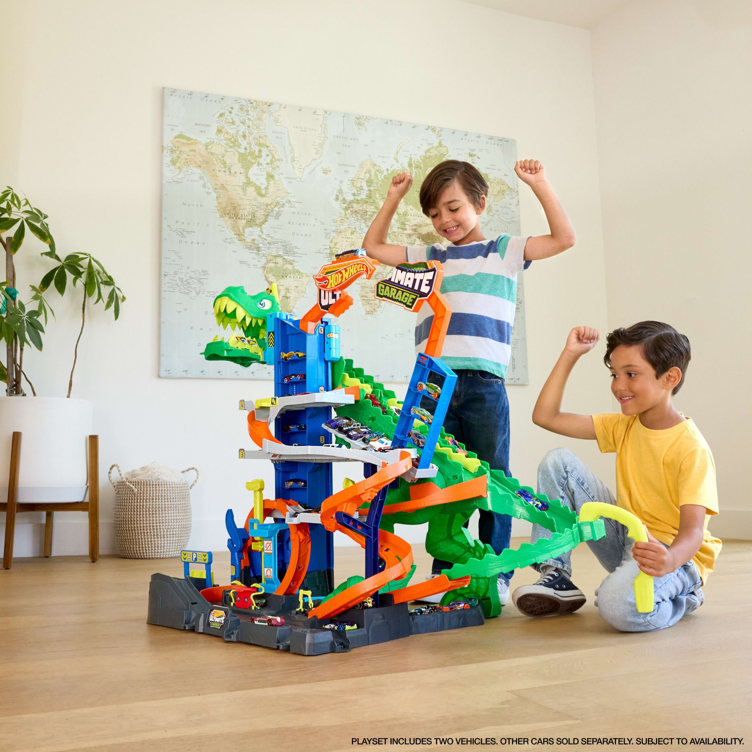 Hot Wheels City Ultimate T-Rex Garage With 2 Toy Cars & Storage For 50+. Race & Stunt. Dino Nemesis - Image 2