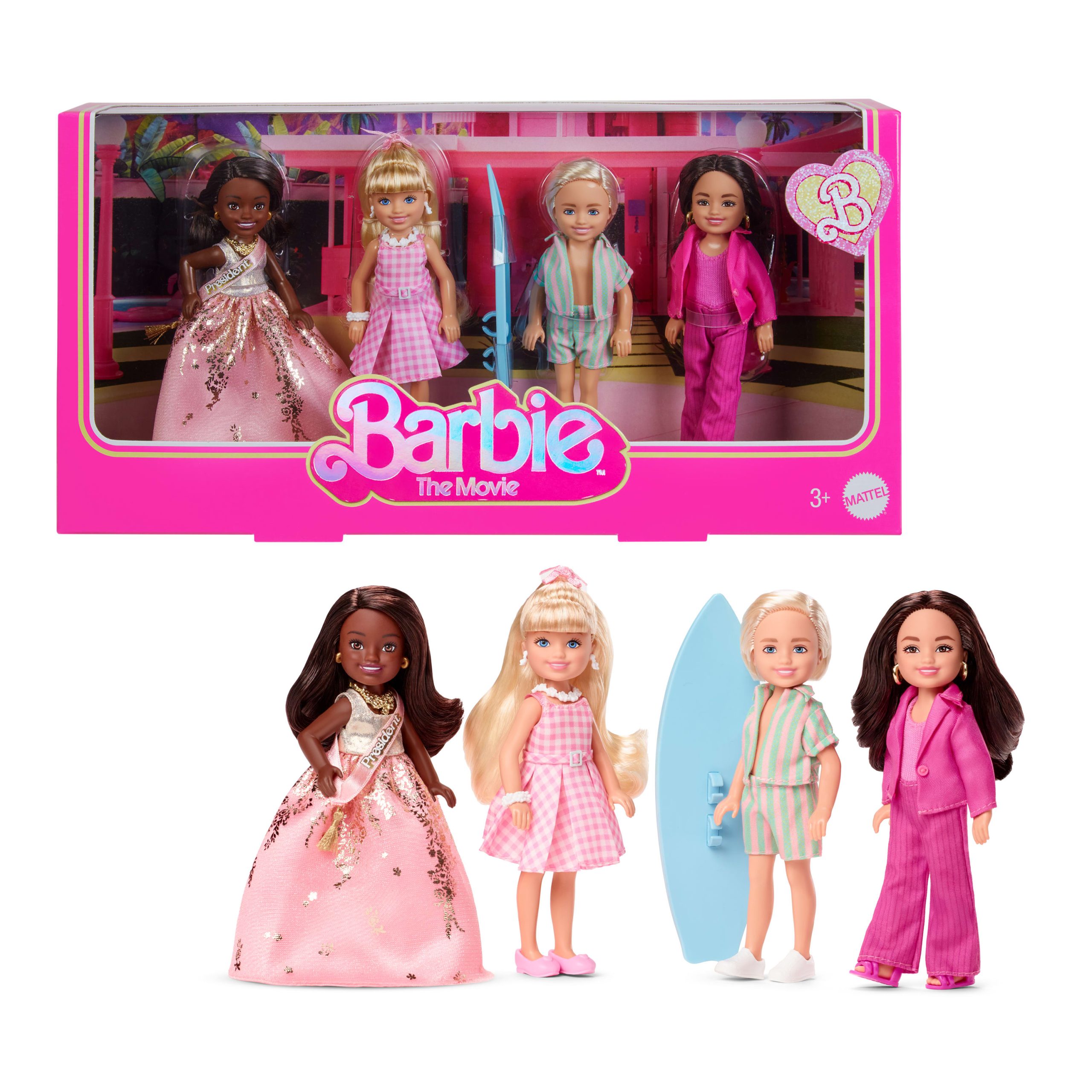 Barbie The Movie Chelsea Collectible 4-Pack Dolls. Includes Barbie. Ken. President Barbie. & Gloria Characters