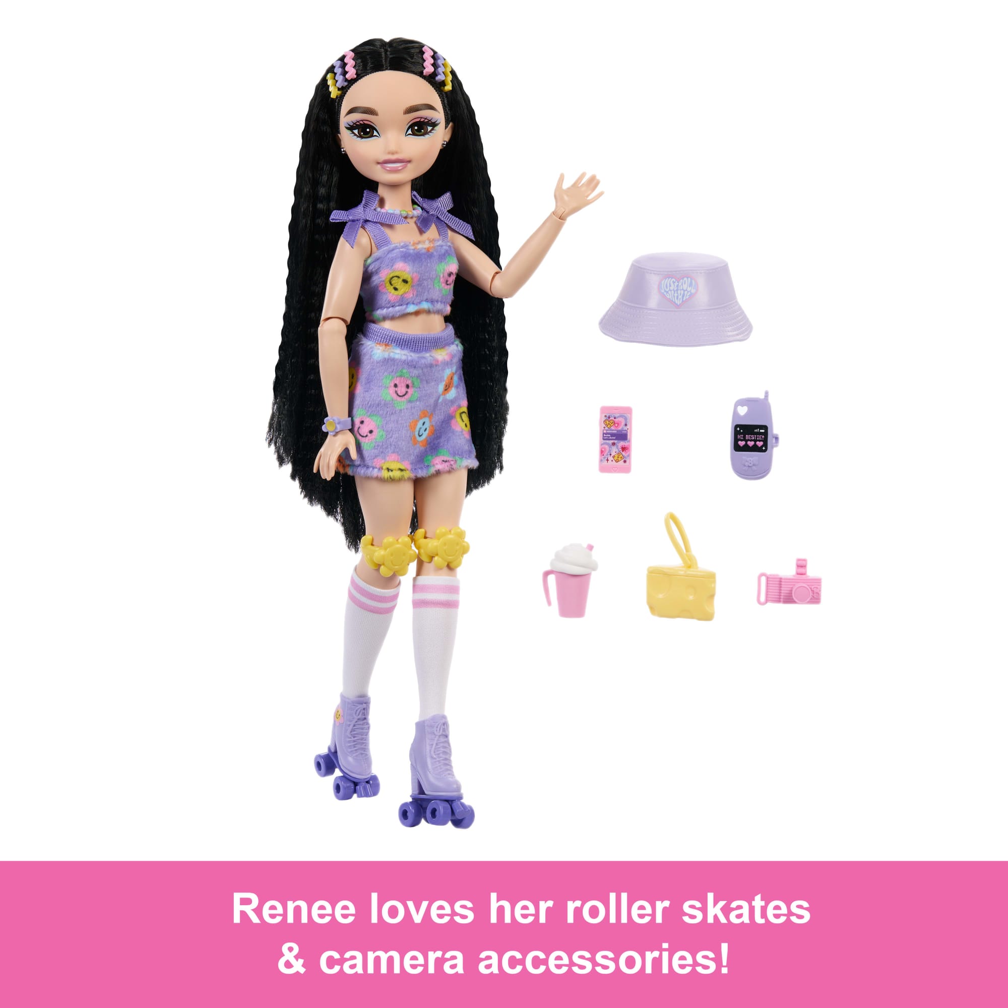 Dream Besties Barbie Renee Roller Skating Fashion Doll With 12 Video & Food Themed Accessories - Image 2