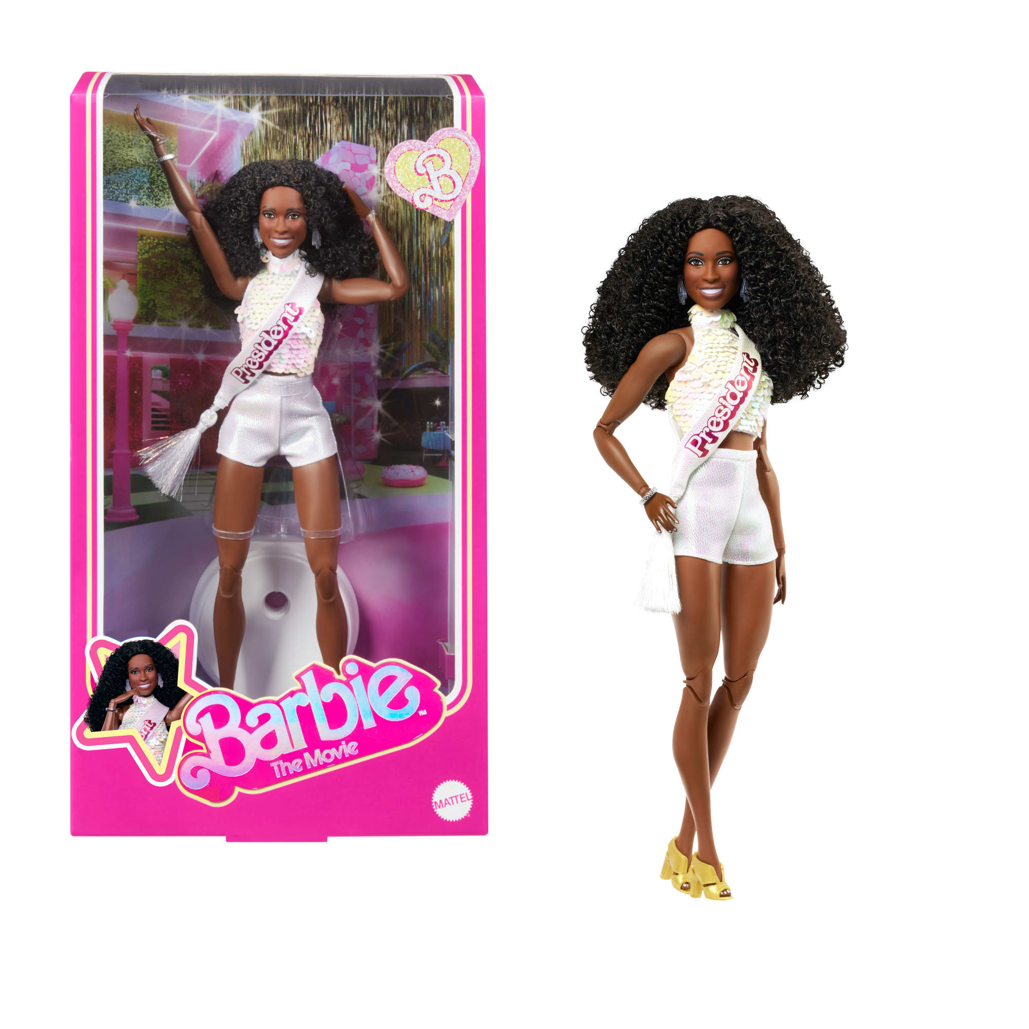 Barbie The Movie President Collectible Doll. Issa Rae As President Barbie Wearing Shimmery White Blouse & Short Set