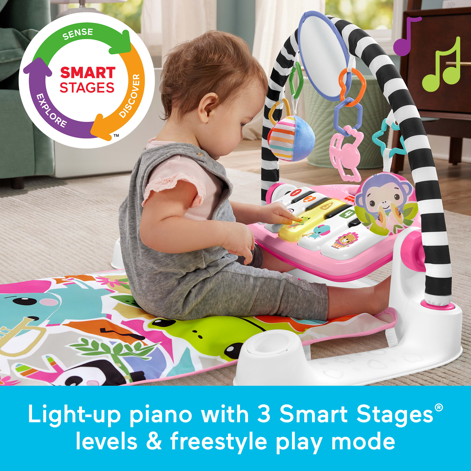 Fisher-Price Glow And Grow Kick & Play Piano Gym Baby Playmat With Musical Learning Toy. Pink - Image 4