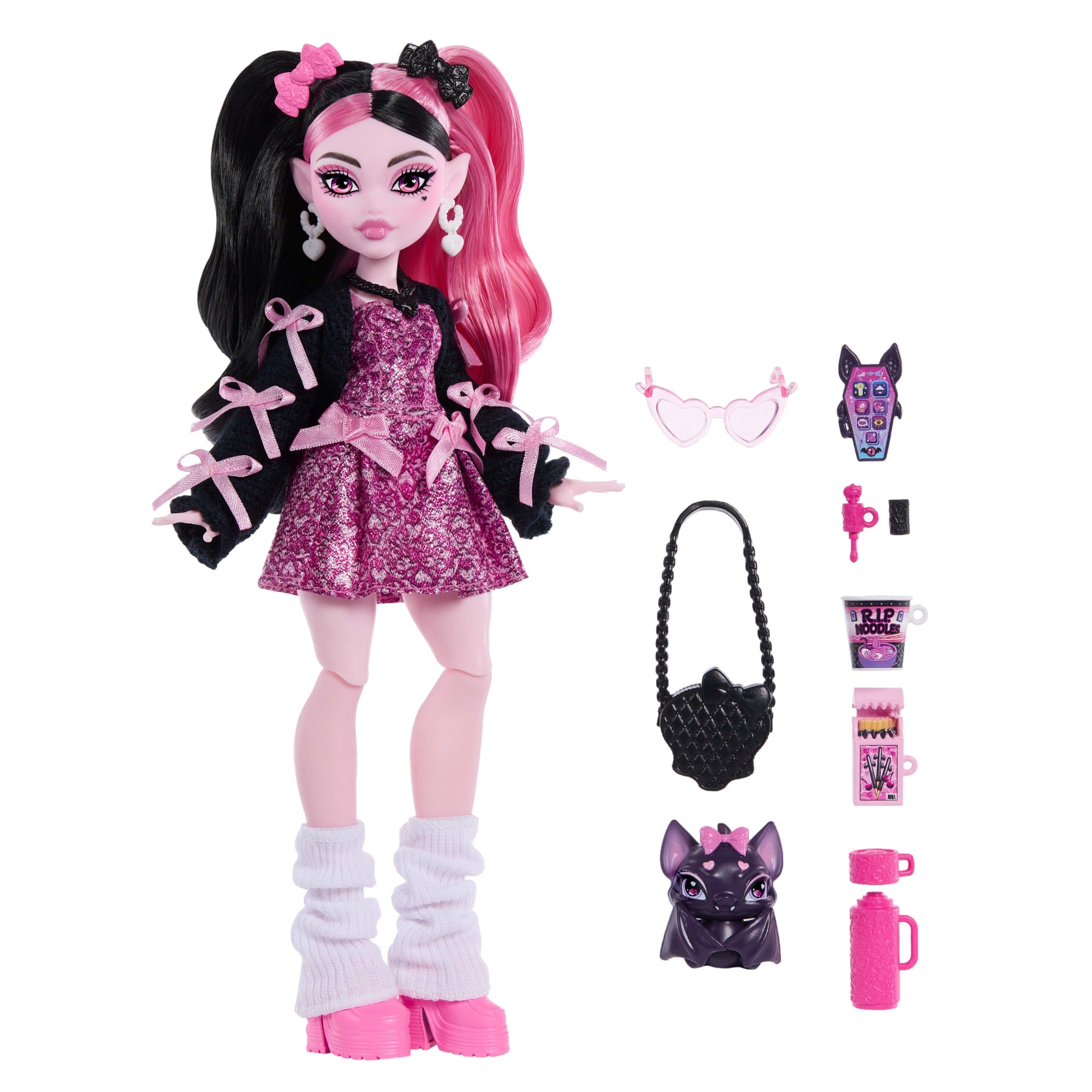 Monster High Draculaura Fashion Doll in Bow Dress With Pet Bat Count Fabulous And 7 Accessories - Image 5