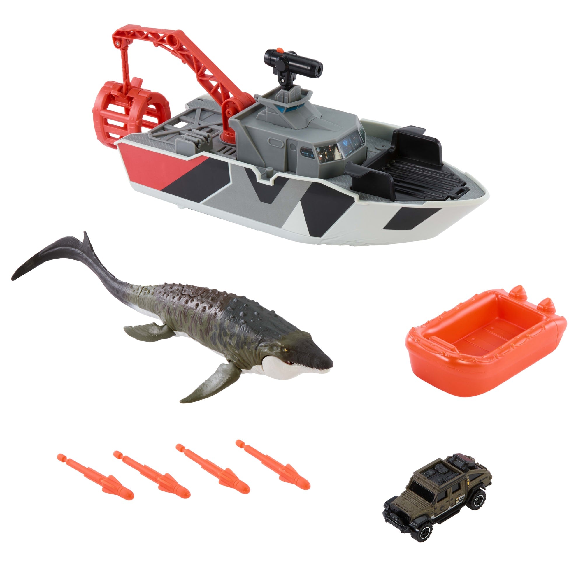 Matchbox Jurassic World Mosasaurus Rescue Action Boat Playset With Ship. Dino. Toy Car & Missiles - Image 6
