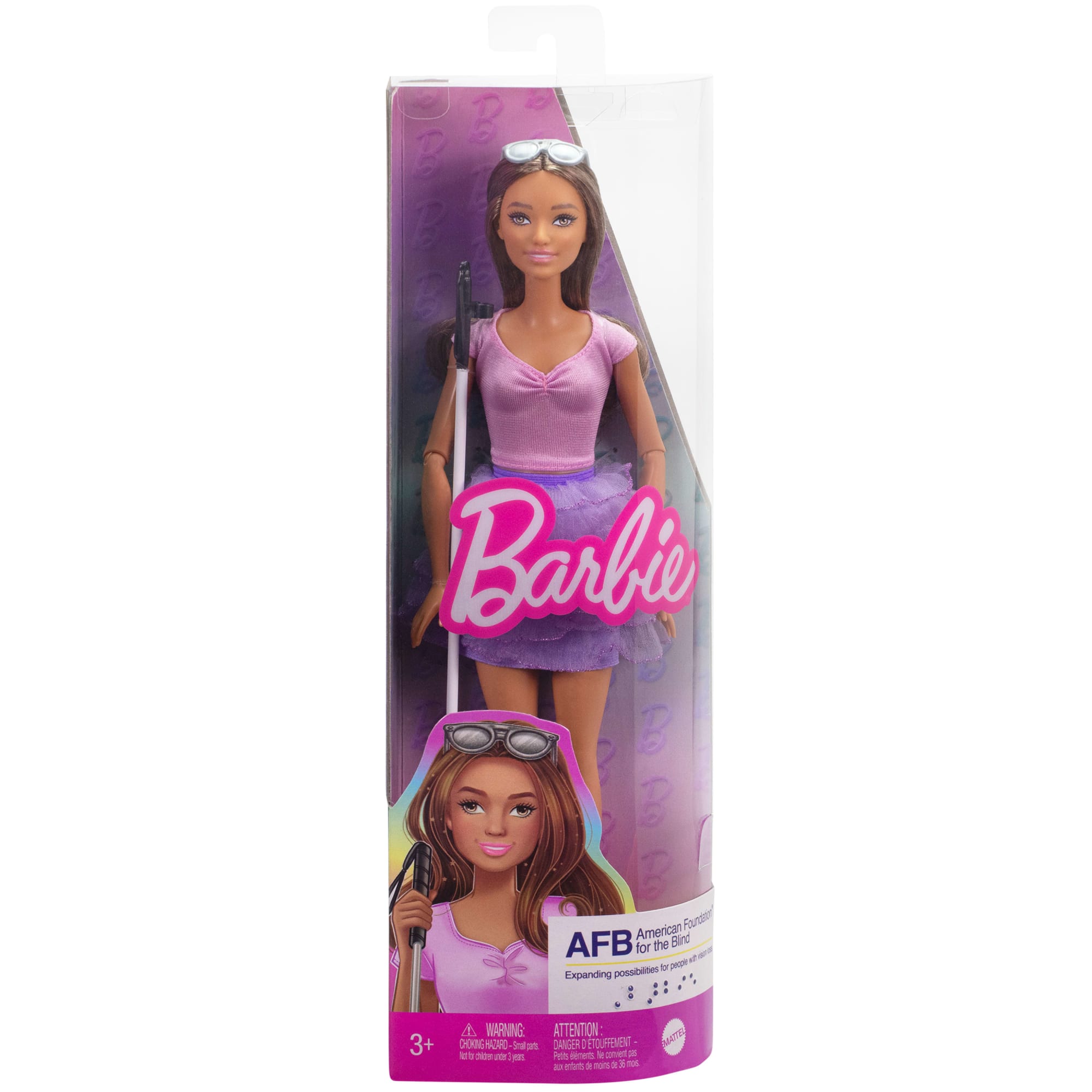 Barbie Fashionistas Doll #228. Blind Barbie Doll Wearing Pink Top And Ruffled Skirt With Cane And Sunglasses in Partnership With The American Foundation For The Blind - Image 6