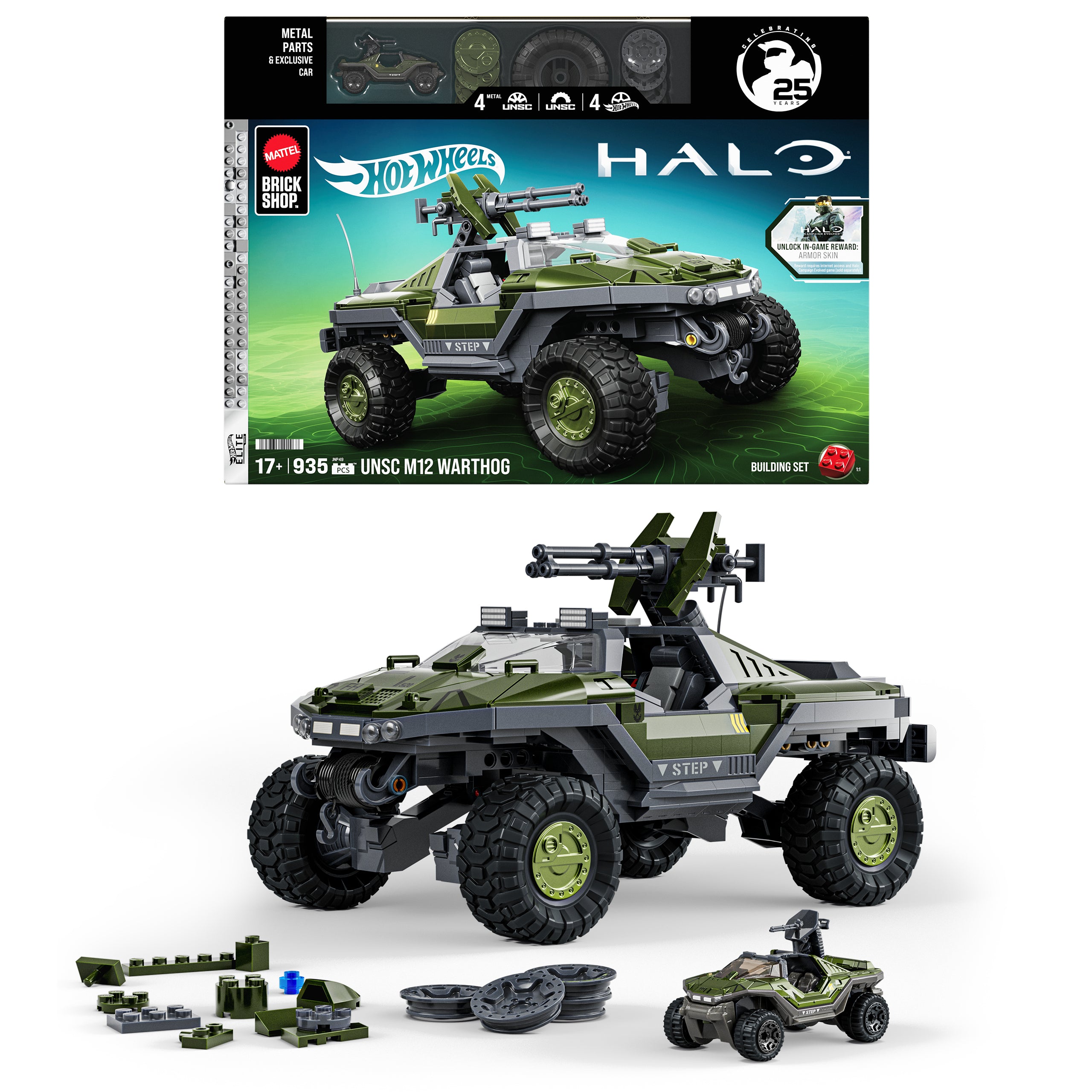Mattel Brick Shop Hot Wheels Elite Halo® UNSC M12 Warthog. Juguete de Construcción con Detalles Auténticos y Personalización (935 piezas) para Adultos Coleccionistas