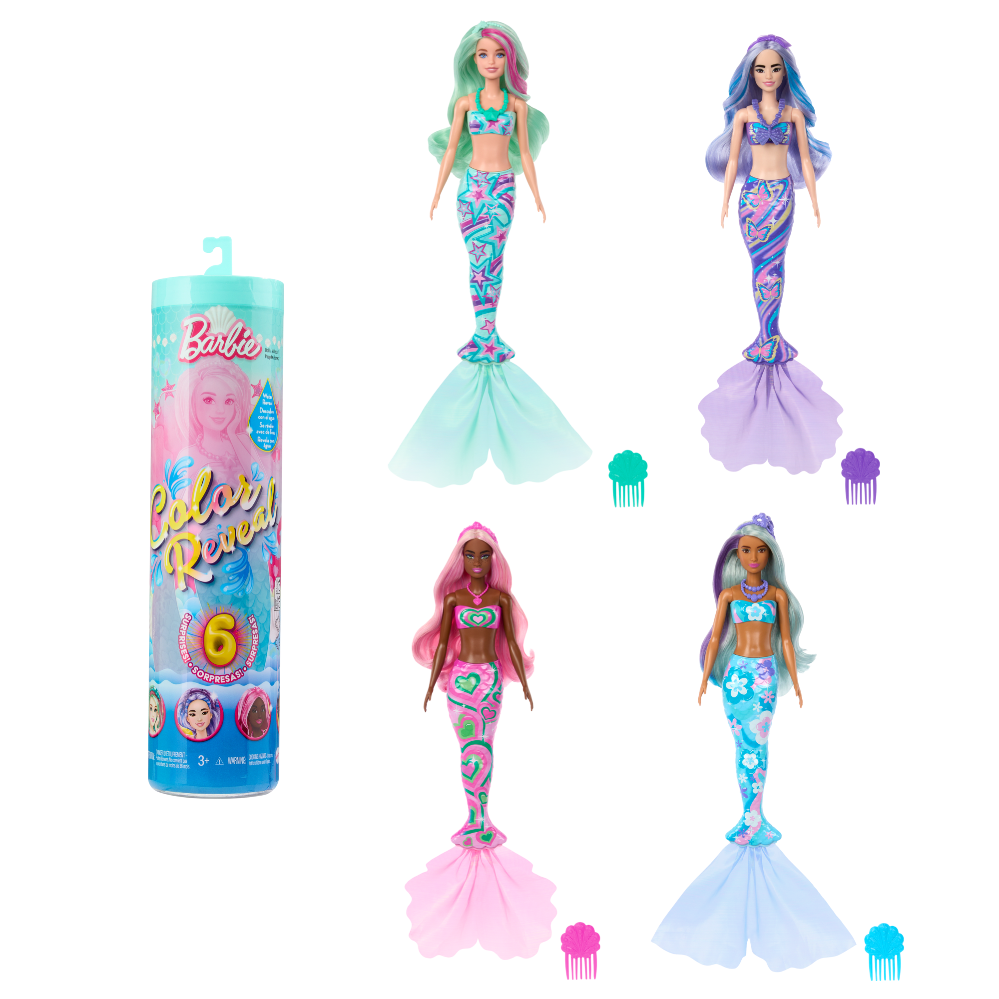 Barbie Color Reveal Mermaid Series Doll & Accessories With 6 Surprises. Color-Change Hair