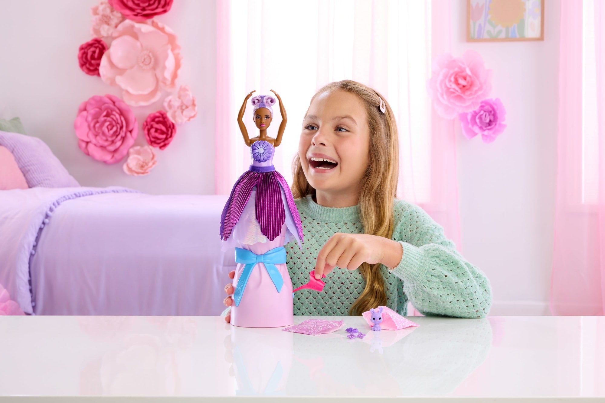 Barbie Petal Pop Scented Fashion Doll With Purple Dress. Reveal Accessories Like Bunny & More - Image 2