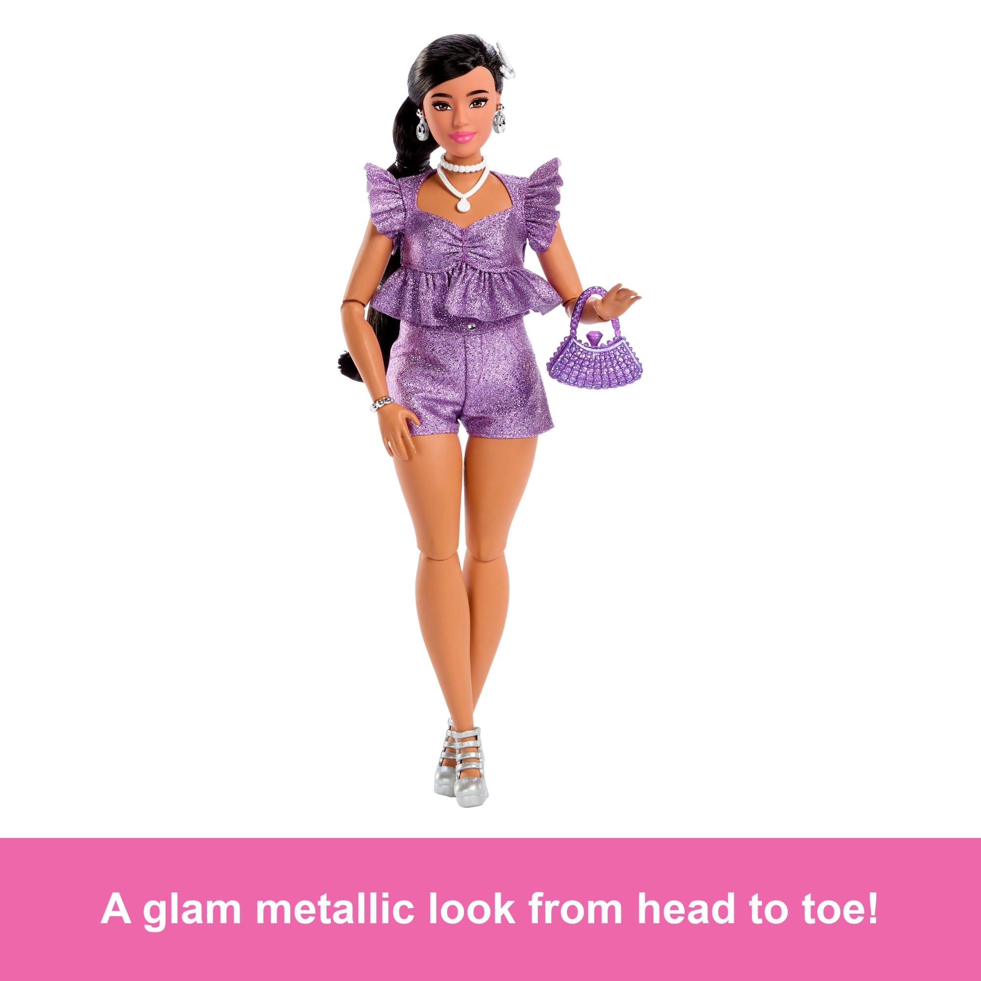Barbie Deluxe Style Fashion Doll #8 in Metallic Purple Top And Sparkly Shorts With Accessories - Image 4