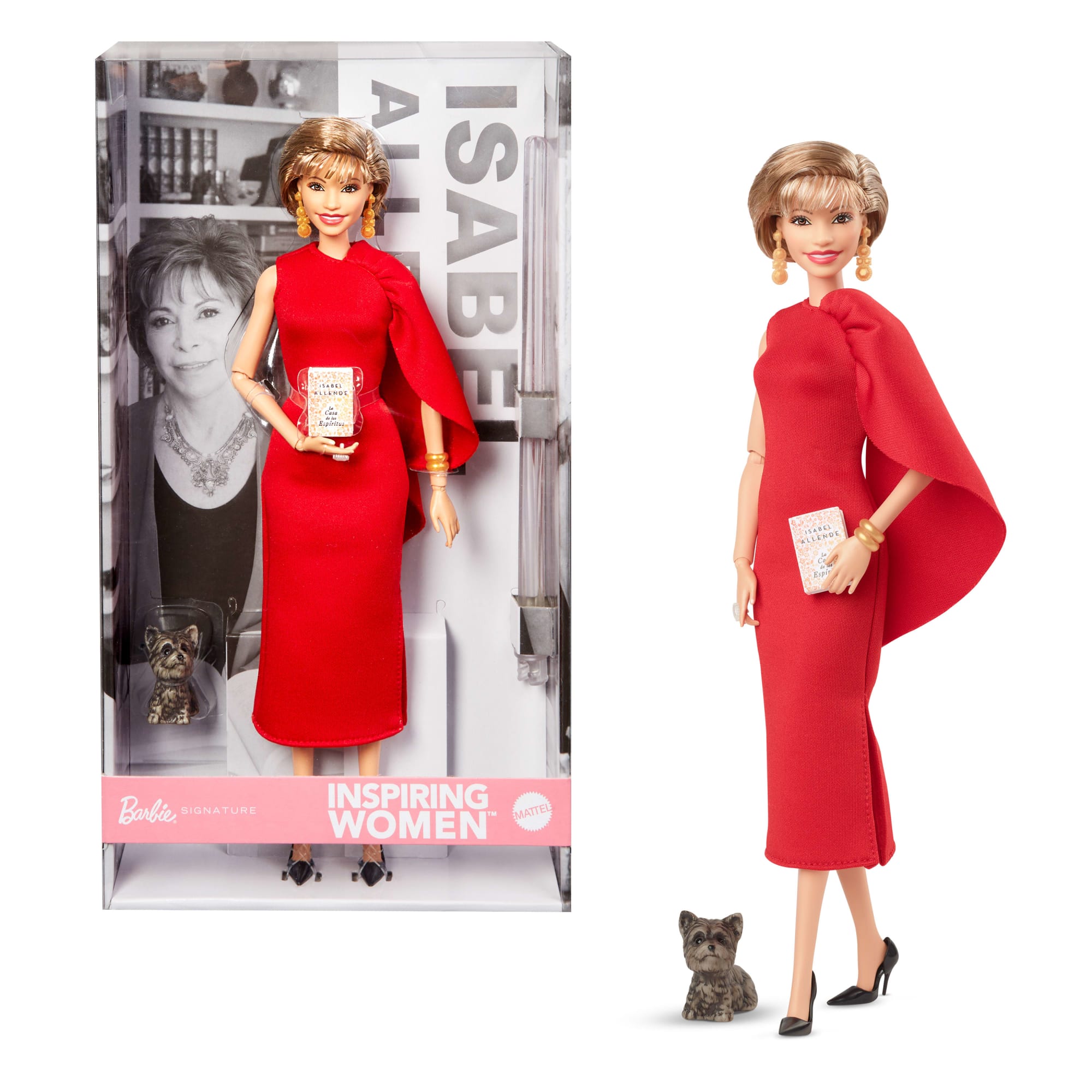 Barbie inspiring Women Collectible Doll. Isabel Allende in Red Dress & Book Accessory & Pet
